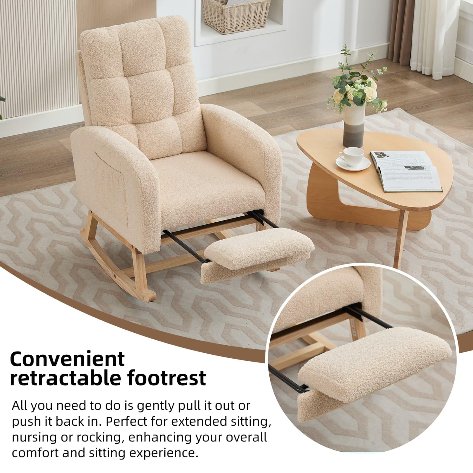 KOMHTOM Fauteuil à Bascule avec Repose-Pieds Escamotable, Rocking Chair en Velours Teddy, Structure en Bois, Poche de Rangement Latérale, pour Salon et Chambre à Coucher