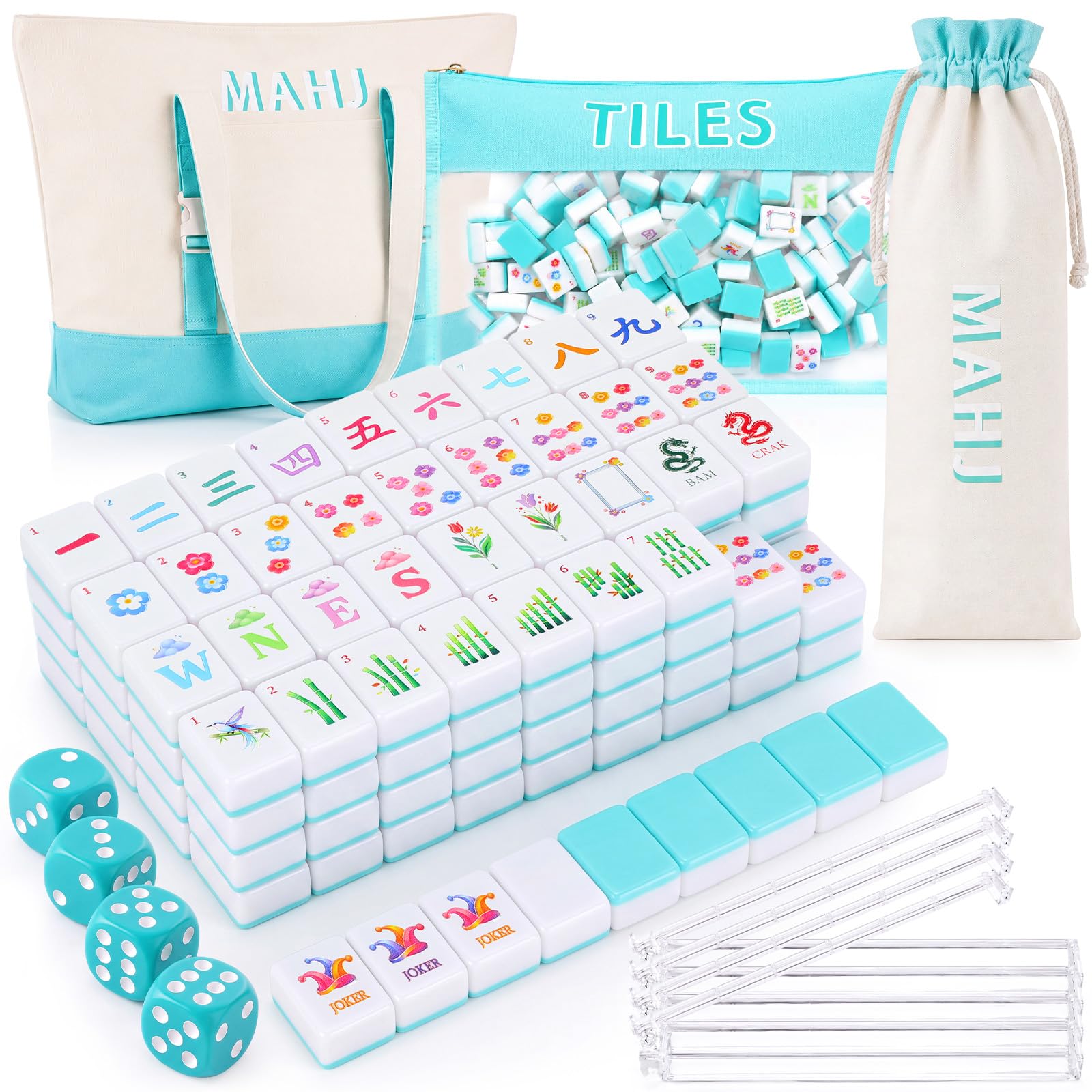 View 1 of 1.2'' American Mahjong Set 160 Mahjong Tiles, Botanical Style, Blue