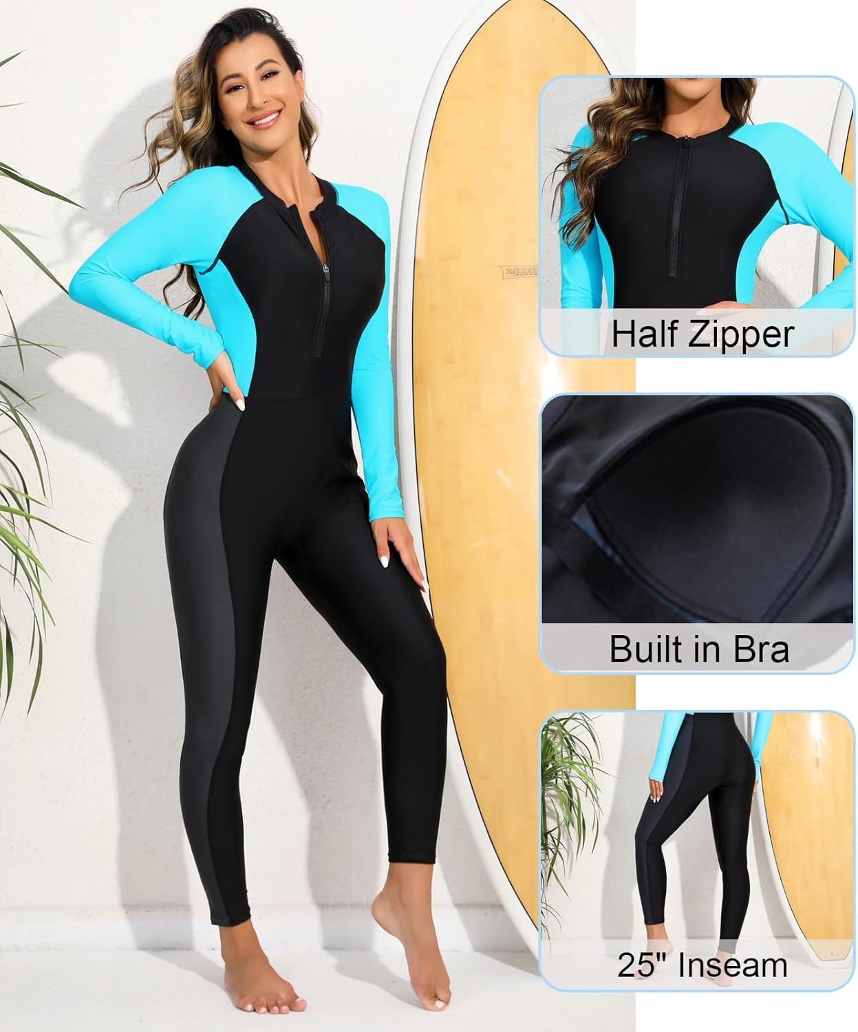 Womens Full Body Rash Guard with Built in Bra Long Sleeve One Piece Swimsuit Upf50+ Zip Front Bathing Suit - Image 3