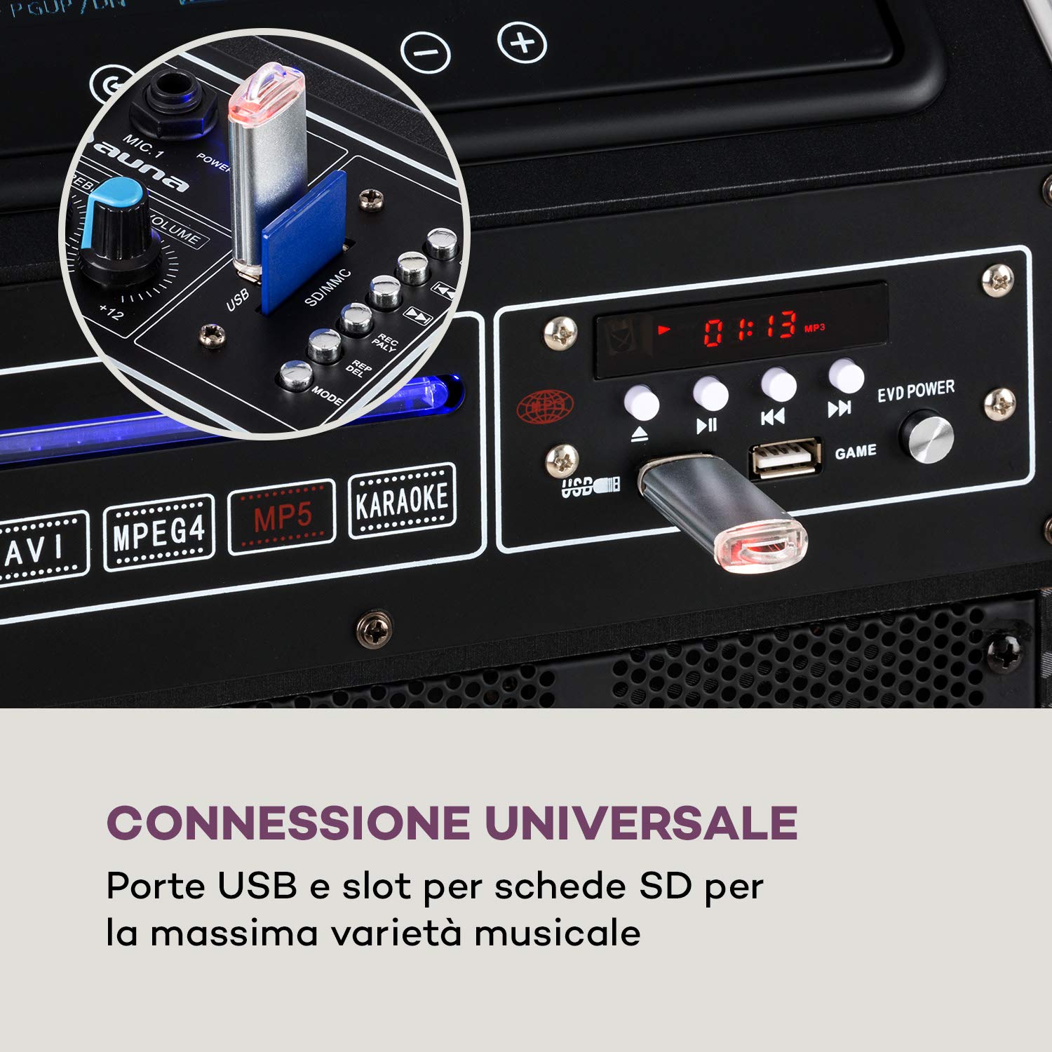 AUNA Pro DisGo Box 2100 DVD - Impianto PA Portatile, 300 W Max., Display TFT da 9" (23 cm), Lettore DVD, 2 Subwoofer da 10" (25,5 cm), Bluetooth, XMR Bass Technology, Microfono uhf Senza Fili, Nero