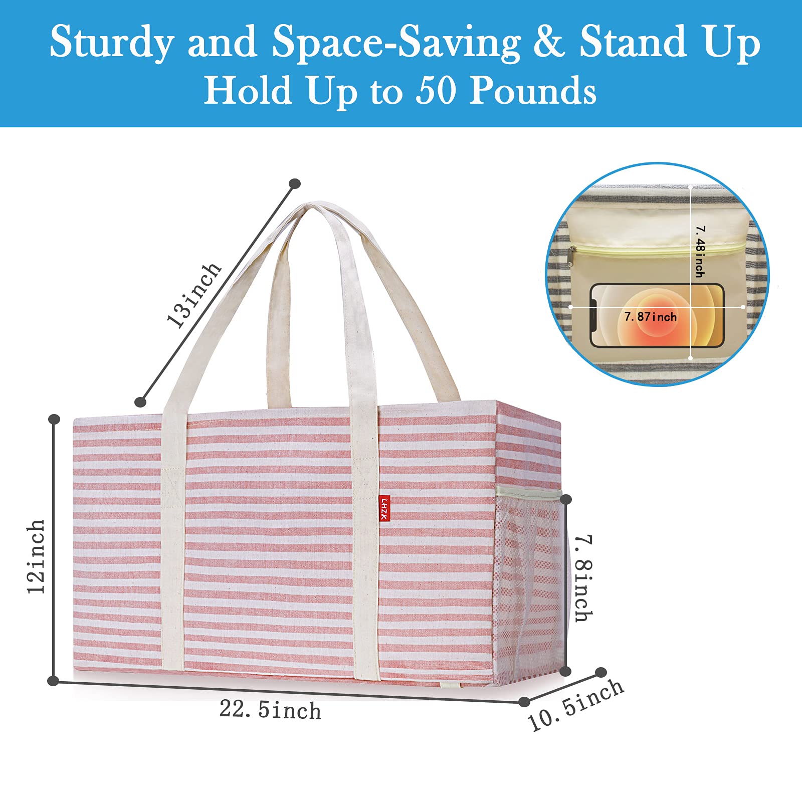 LHZK Standing Extra Large Utility Tote Bag with Metal Wire Frame and the Sides Rinforced, Foldable Grocery Tote Bag Beach Bag