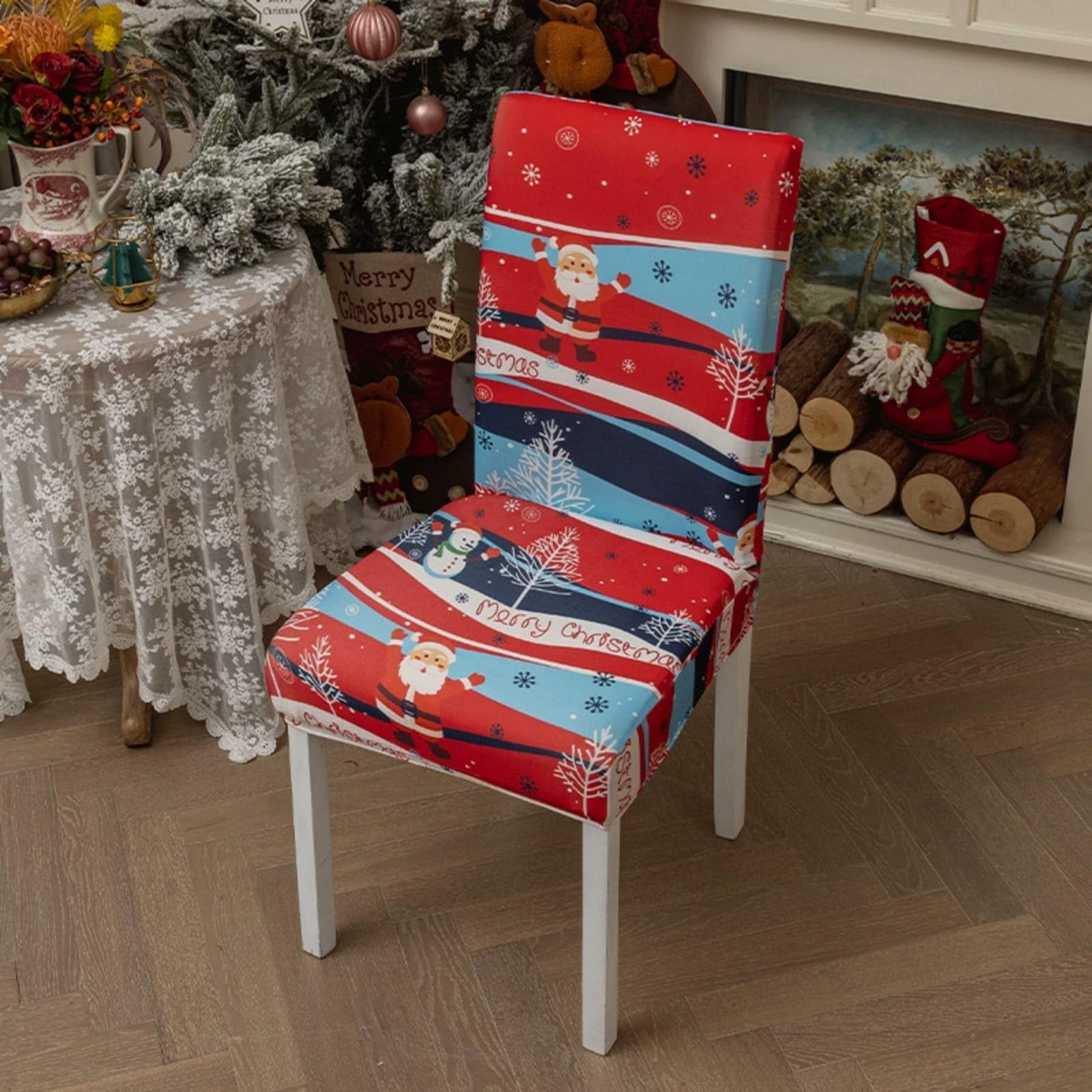 Chickwin Funda Silla Navidad, Fundas de Sillas Navideñas de Spandex Poliéster Elástico Universal 1 2 4 6 8 Piezas para Fiestas Evento Ceremonia Restaurante (Papá Noel Q,8 Piezas)