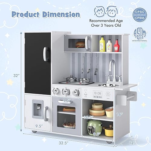 Miniatura 8 de HONEY JOY Juego de cocina para niños, juego de cocina de madera con pizarra y dispensador de agua, estufa iluminada, armario de almacenamiento,