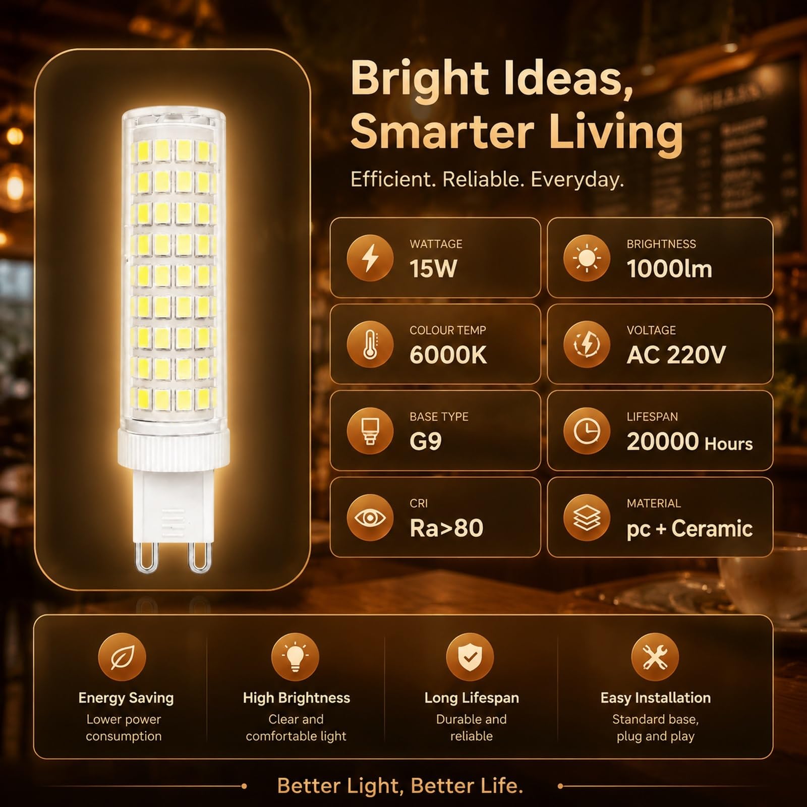 Bombillas LED G9 Mini Cerámica 15W, Luz Fría 6000K, Equivalente a 120W Halógena, 1000LM, No Regulable, Para Pequeñas Colgantes Cocina(10 Pack)