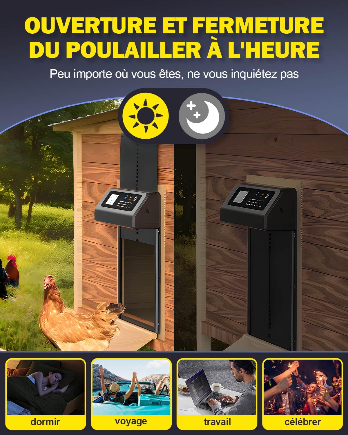 Lorrtta Porte Poulailler Automatique avec Écran LCD, Système Anti-Pincement, Résistant Aux Intempéries, Ouverture Verticale, Aluminium, IPX5, Installation en 3 Minutes, Petit Poulailler, Grande Ferme