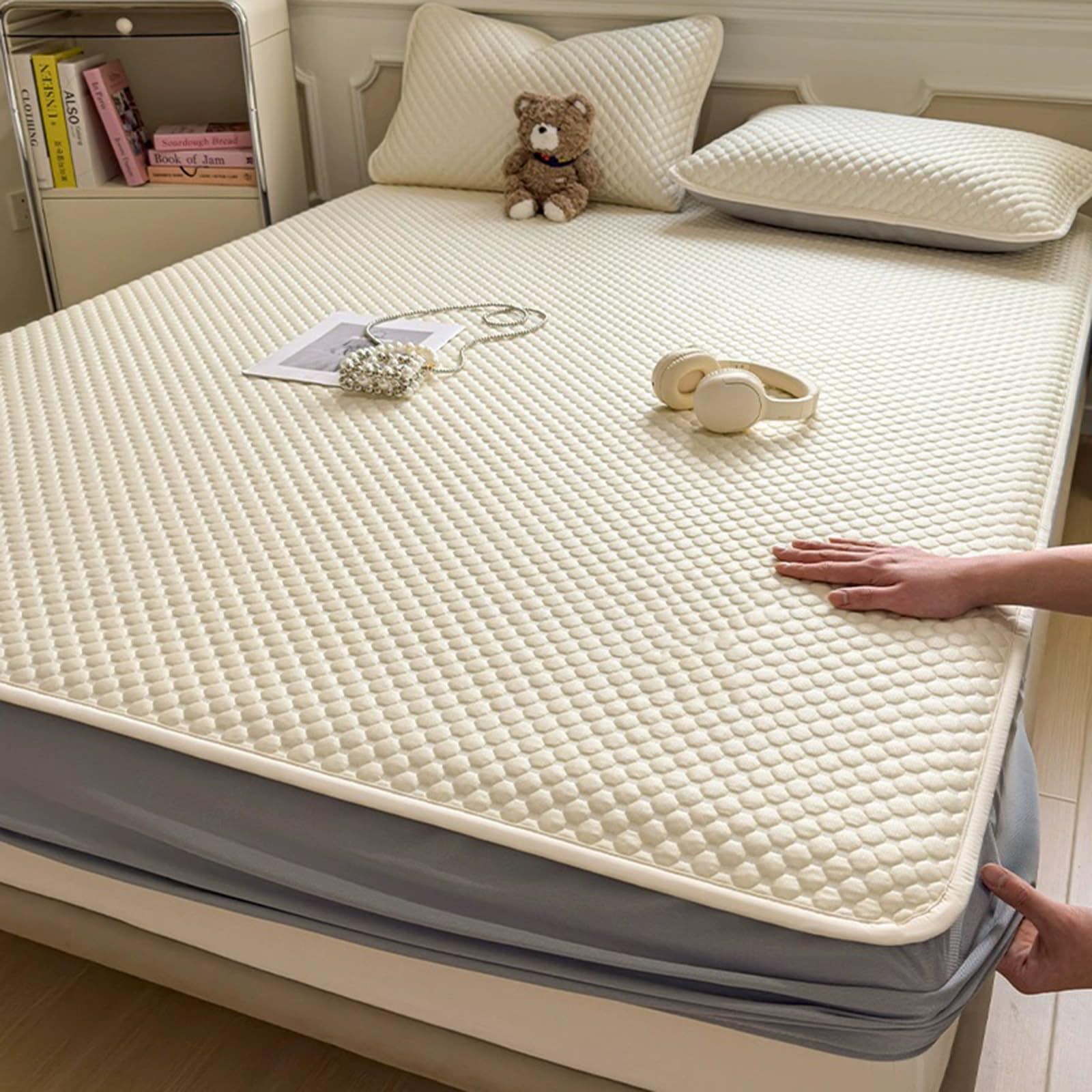 Set di 3 coprimaterassi rinfrescanti per letto queen size, con perline di ghiaccio 3D, morbido e traspirante, per chi dorme al caldo (150 x 200 cm + 2 federe)
