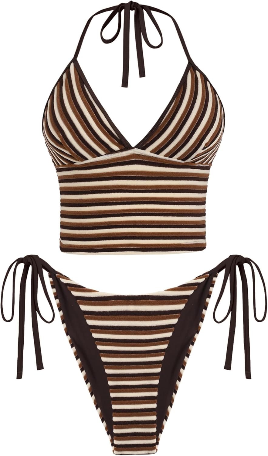 ZAFUL Striped Swim Suits for Women 2025 Halter V Neck Tankini Sets Terry Bikini High Cut Tie Side Thong Bathing Suit