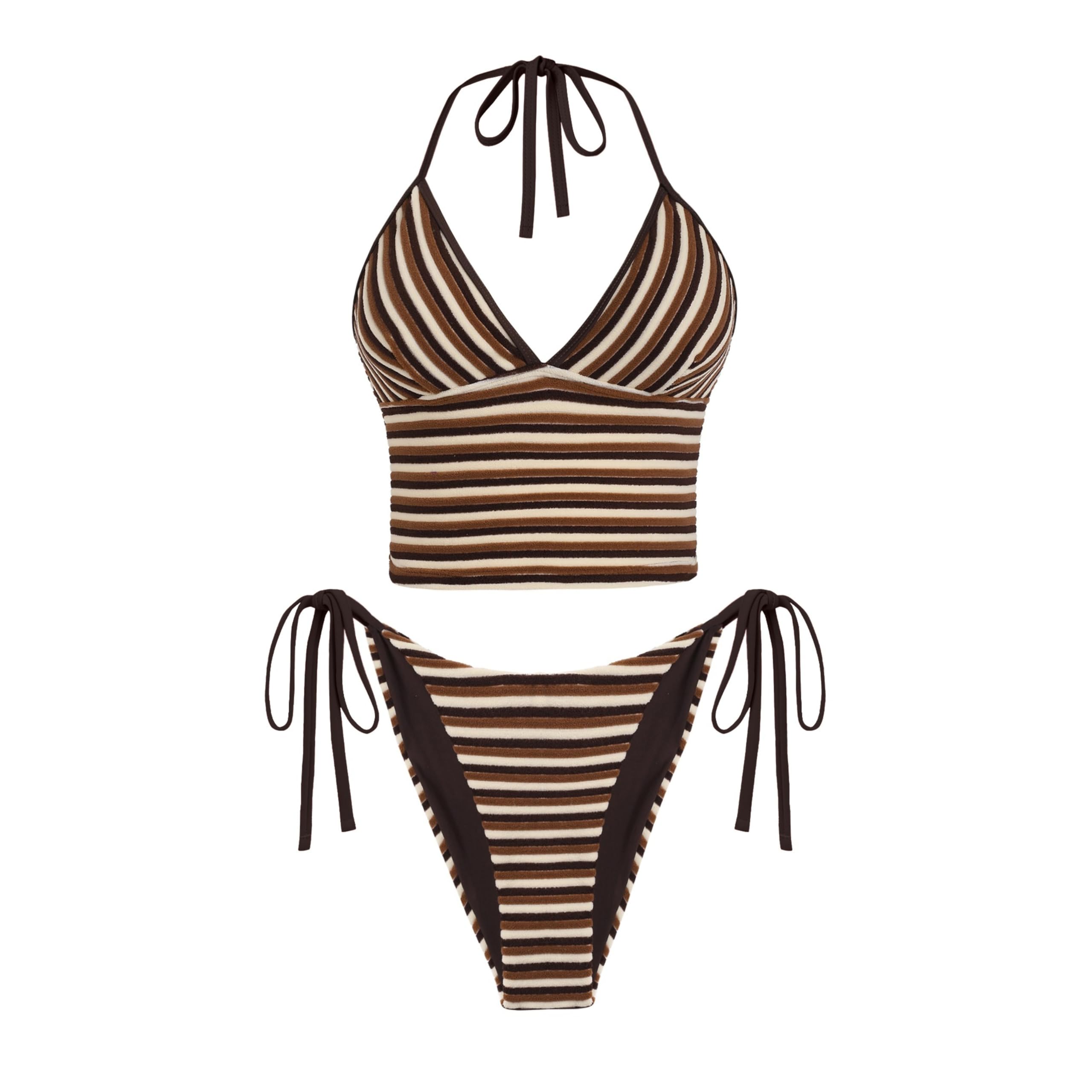 ZAFUL Striped Swim Suits for Women 2025 Halter V Neck Tankini Sets Terry Bikini High Cut Tie Side