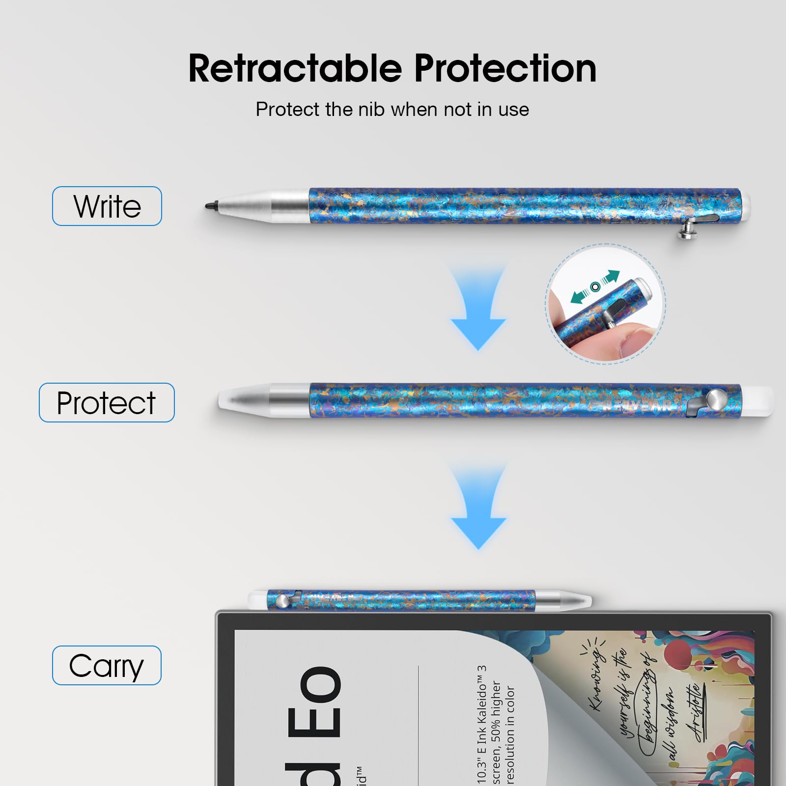 Penna magnetica EMR in titanio per dispositivi E-Ink, penna digitale magnetica retrattile con punta fine di precisione, penna leggera compatibile con reMarkable 2, Kindle Scribe, BOOX, Supernote, blu