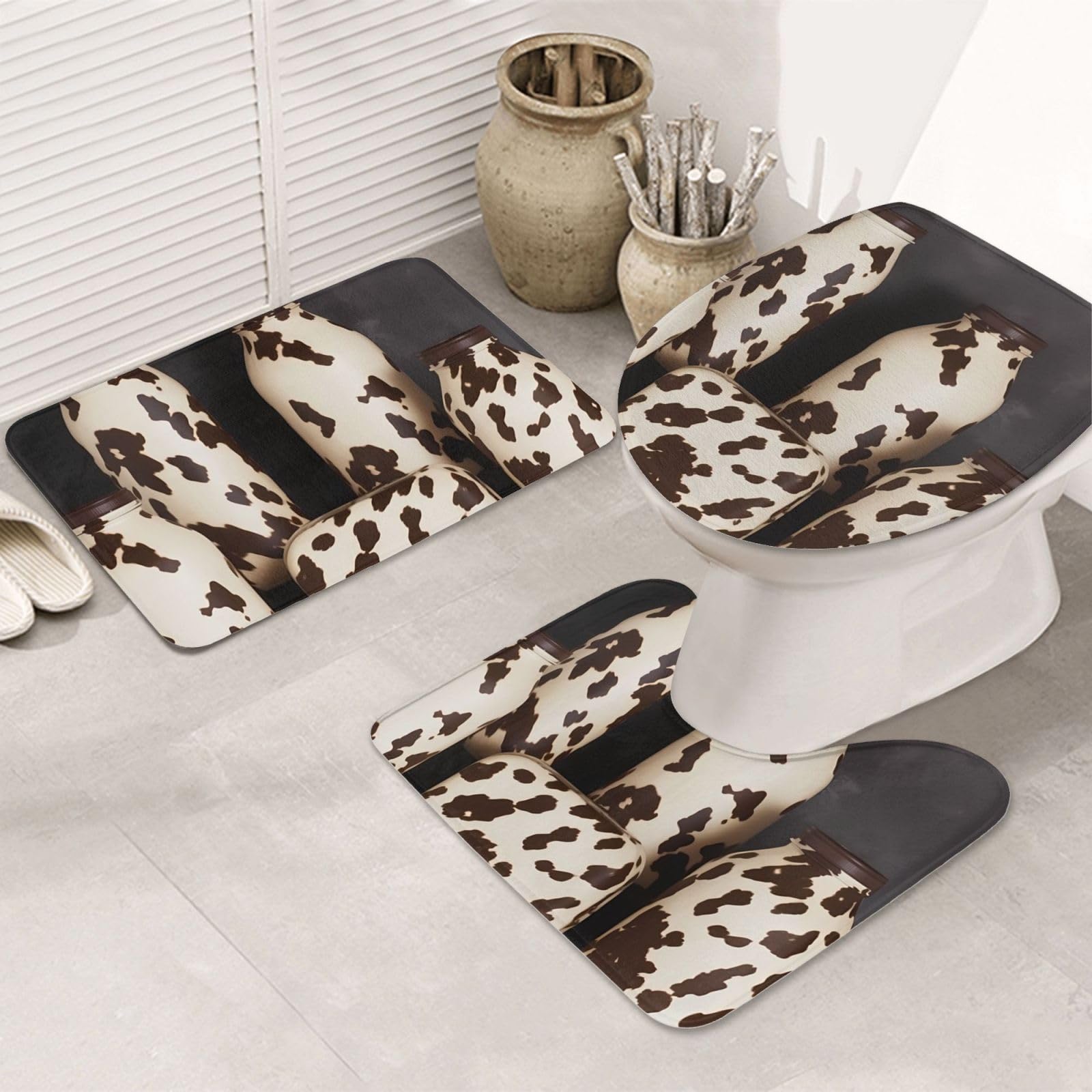 Tapis de salle de bain vache Lot de 3 avec contour WC U absorbant