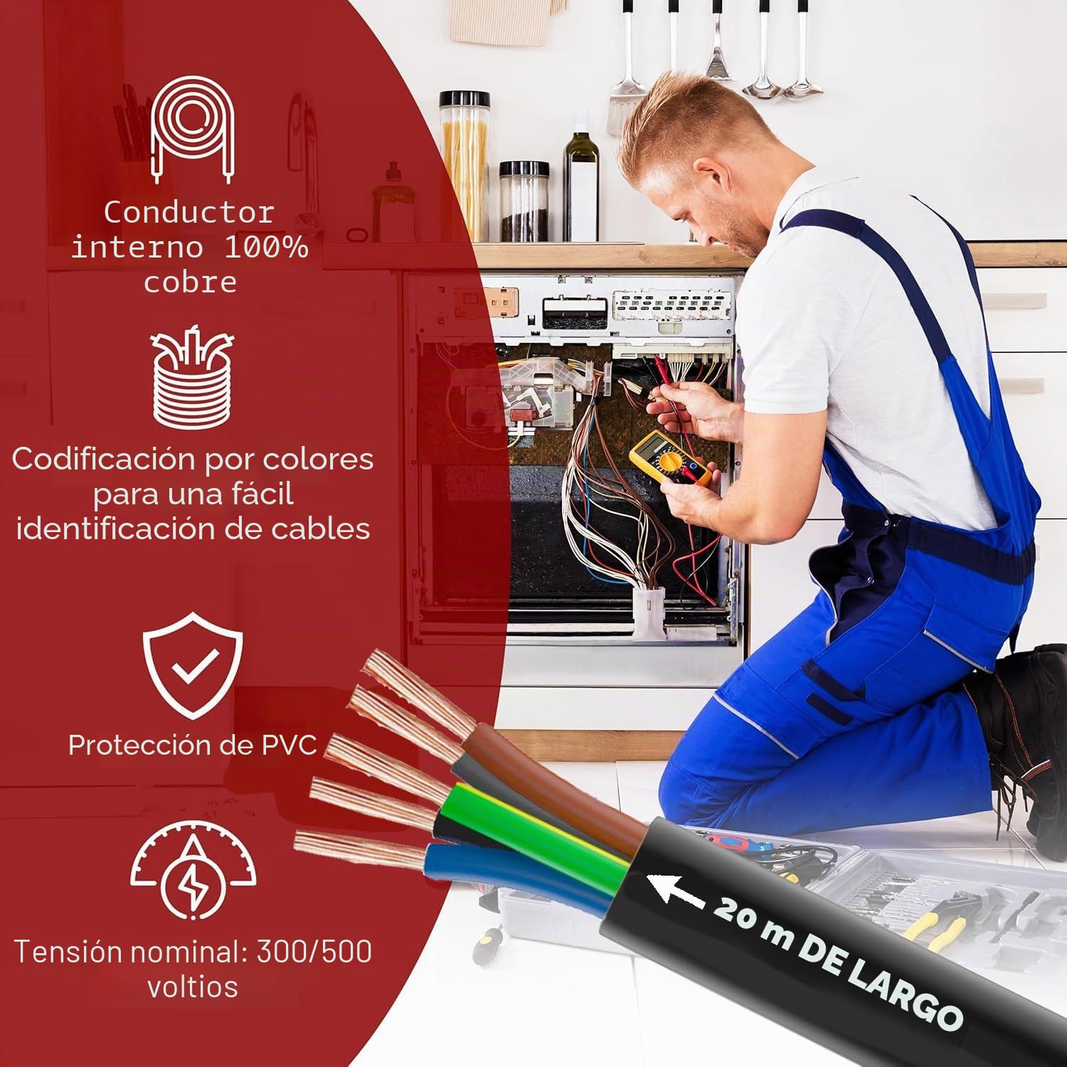 MAS Premium De 5 a 100 m de manguera de plástico H05VV-F 2, 3 o 5 x 0,75; x1; x1,5 o x2,5 y 4G0,75, cable flexible para dispositivos (H05VV-F 5G1 SW, 20 m)