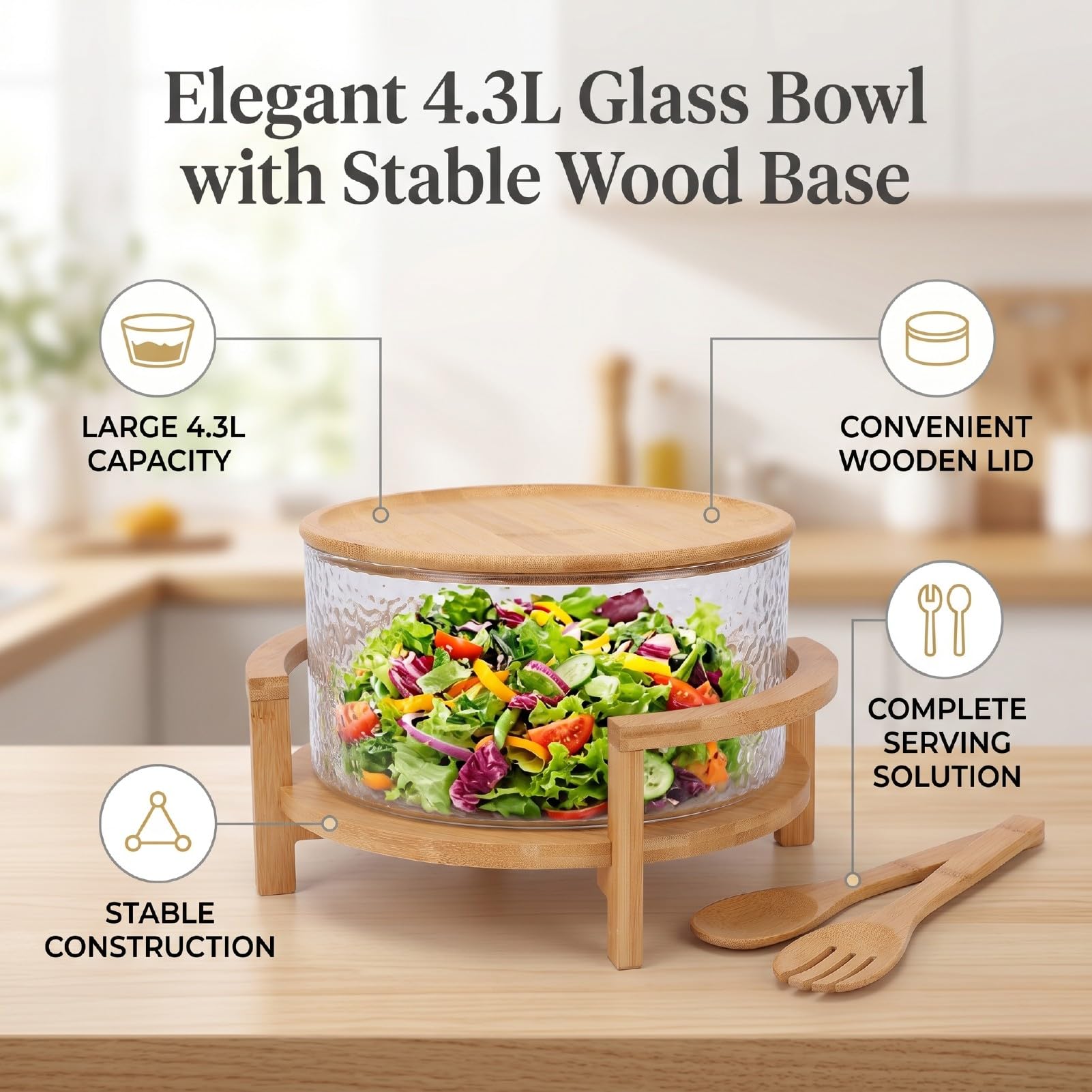Qcwwy Cuencos de Vidrio para Mezclar, Juego de Ensaladera de Vidrio Grande de Cocina con Soporte de Madera de, Elegante Cuenco para Servir para Ensaladas, Pastas, Frutas y