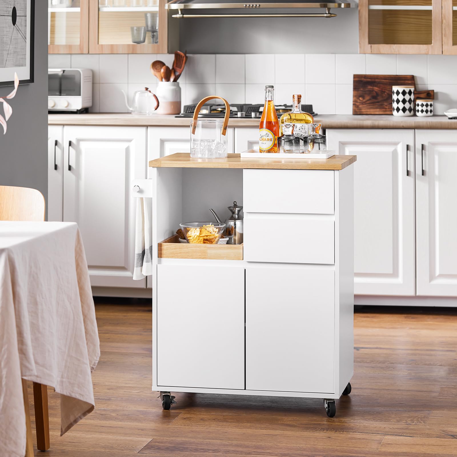 SoBuy Isola Cucina con Ruote Salvaspazio – Carrello Cucina con Cassetti e Scaffale per Microonde, Mobiletto Cucina Compatto, Penisola Cucina Bianca 72x40x84cm FKW123-WN
