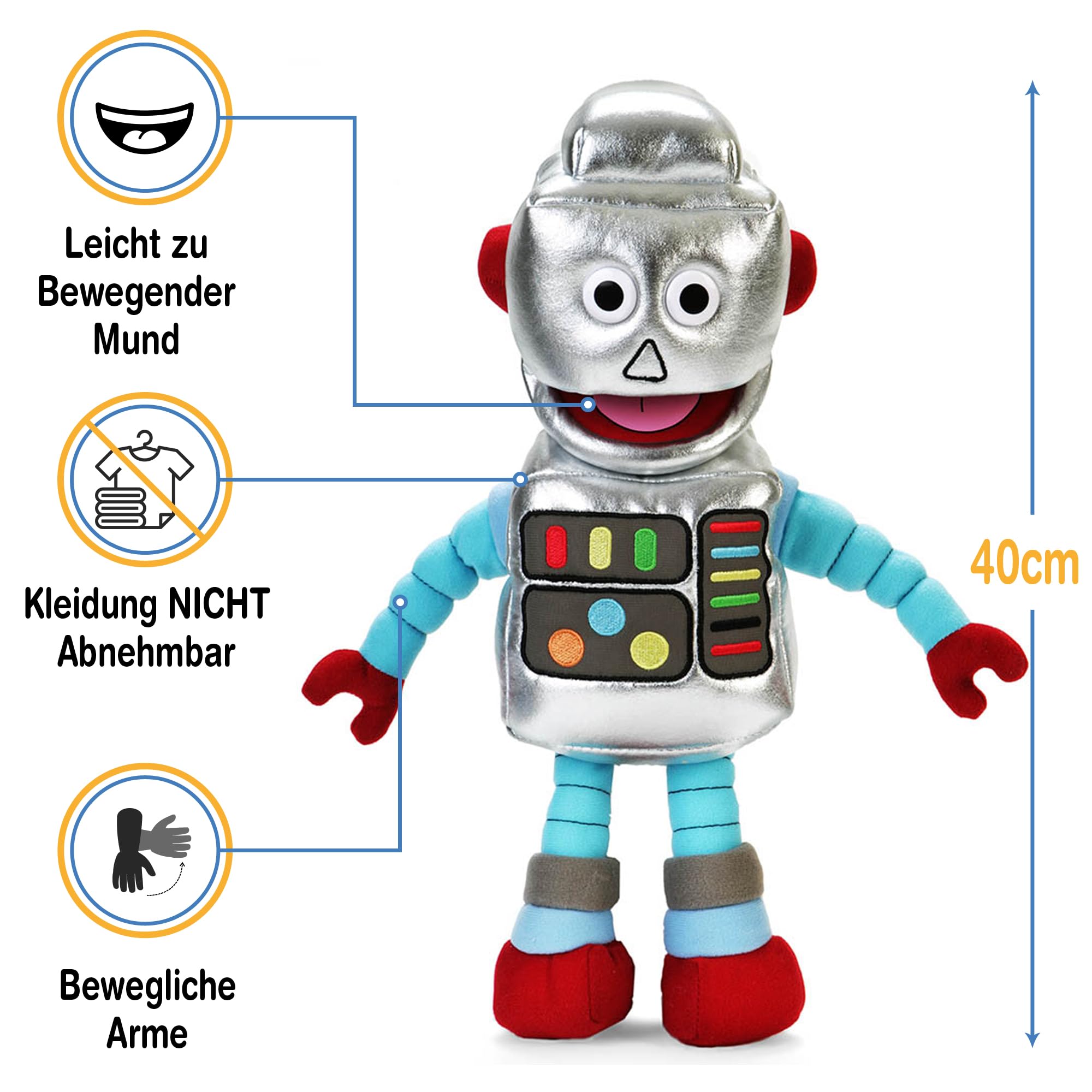 Robot von Silly Puppets | 40 cm Handpuppe für Kinder | Mit Beweglichem Mund Und Armen | Abnehmbare Handwaschbare Kleidung