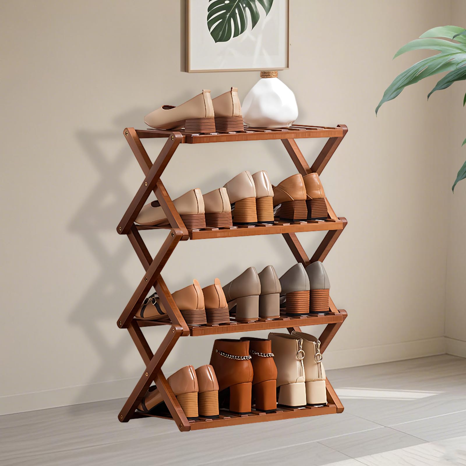 kiss me 4 Tier Bamboo Shoe Rack,Free Standing Shoe Rack for Closet,Without Installation Portable Folding Shoe Storage Rack,small shoe rack for narrow space Entryway Hallway Closet Living Room