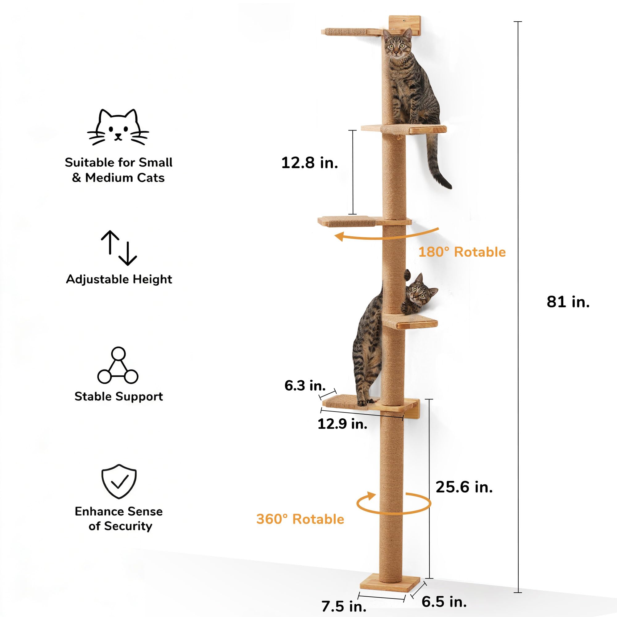 FUKUMARU Tiragraffi alto a 5 ripiani, da terra a soffitto, tiragraffi da parete, scaffale da parete per gatti, adatto per gattini e gatti, arrampicarsi, graffiare, guardare e giocare