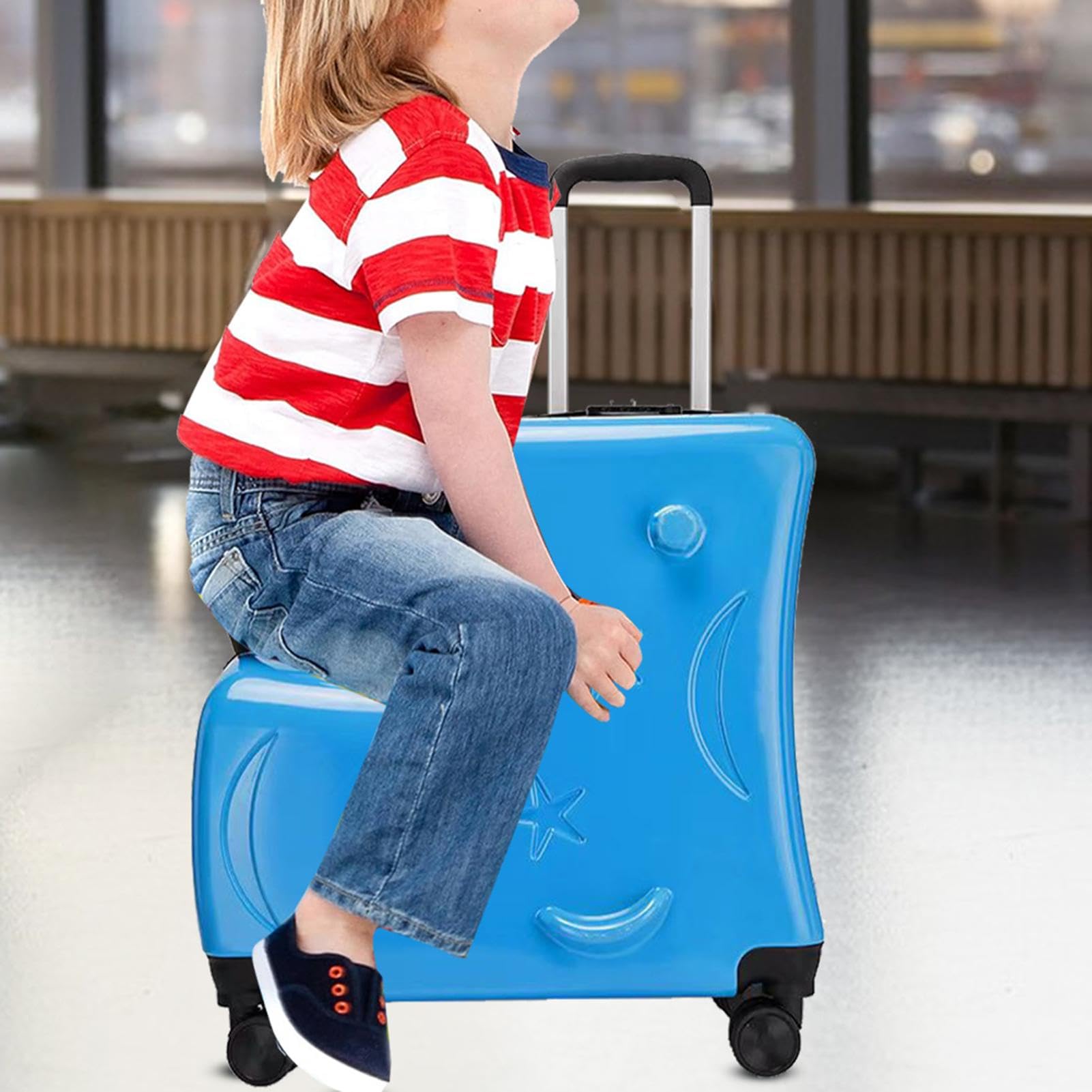 Kids Ride- Suitcase | 3-cyfrowy zamek kó?kach | 20 podró?y z pasami do siedzenia, peda?ami, uchwytami i cichymi ko?ami | Ride- Luggage for Boys & Girls, Lake Blue, riferimento alla