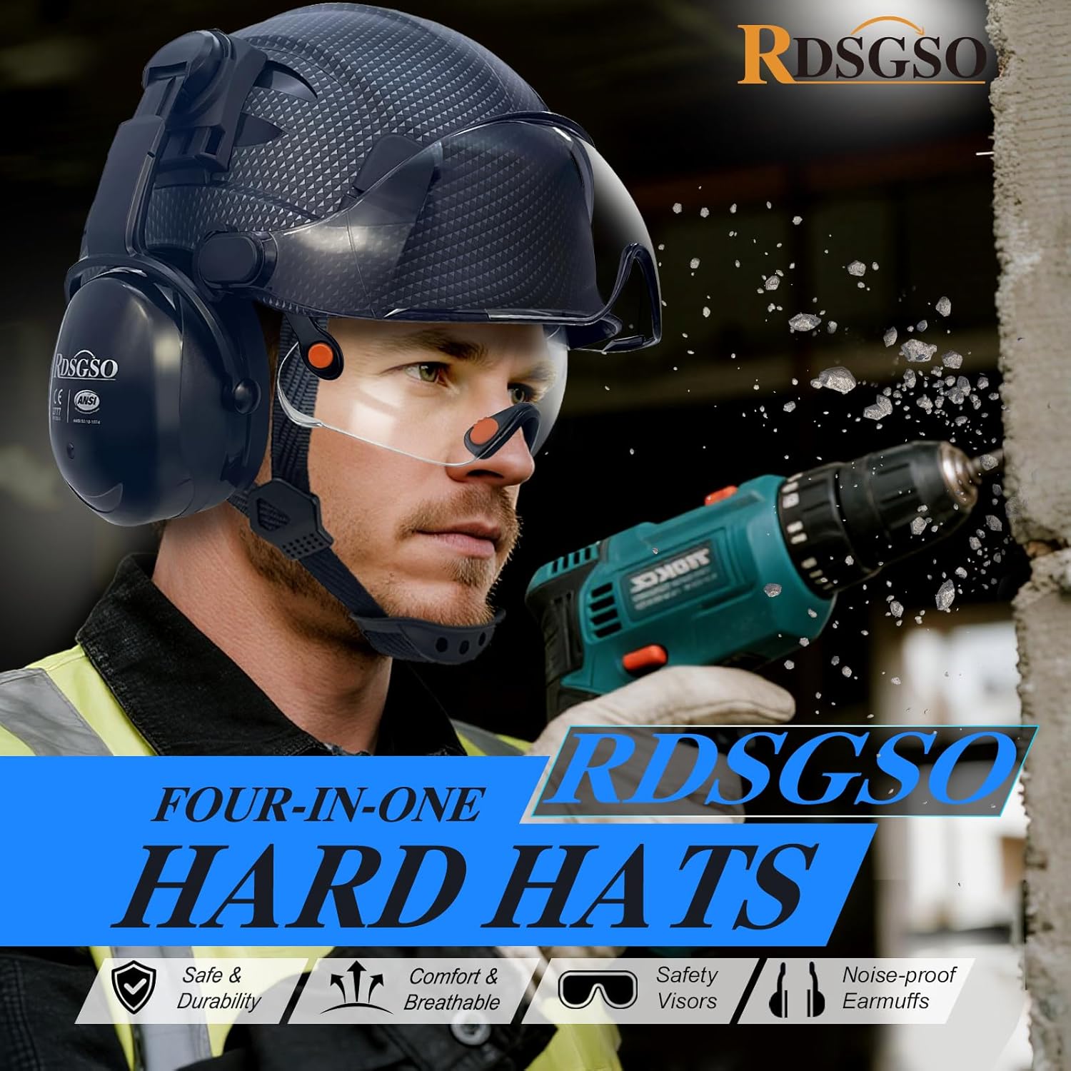 Safety Hard Hats with Visor and Ear Muffs Vented Lightweight 6 Points Suspension Construction Safety Helmet ANSI Approved