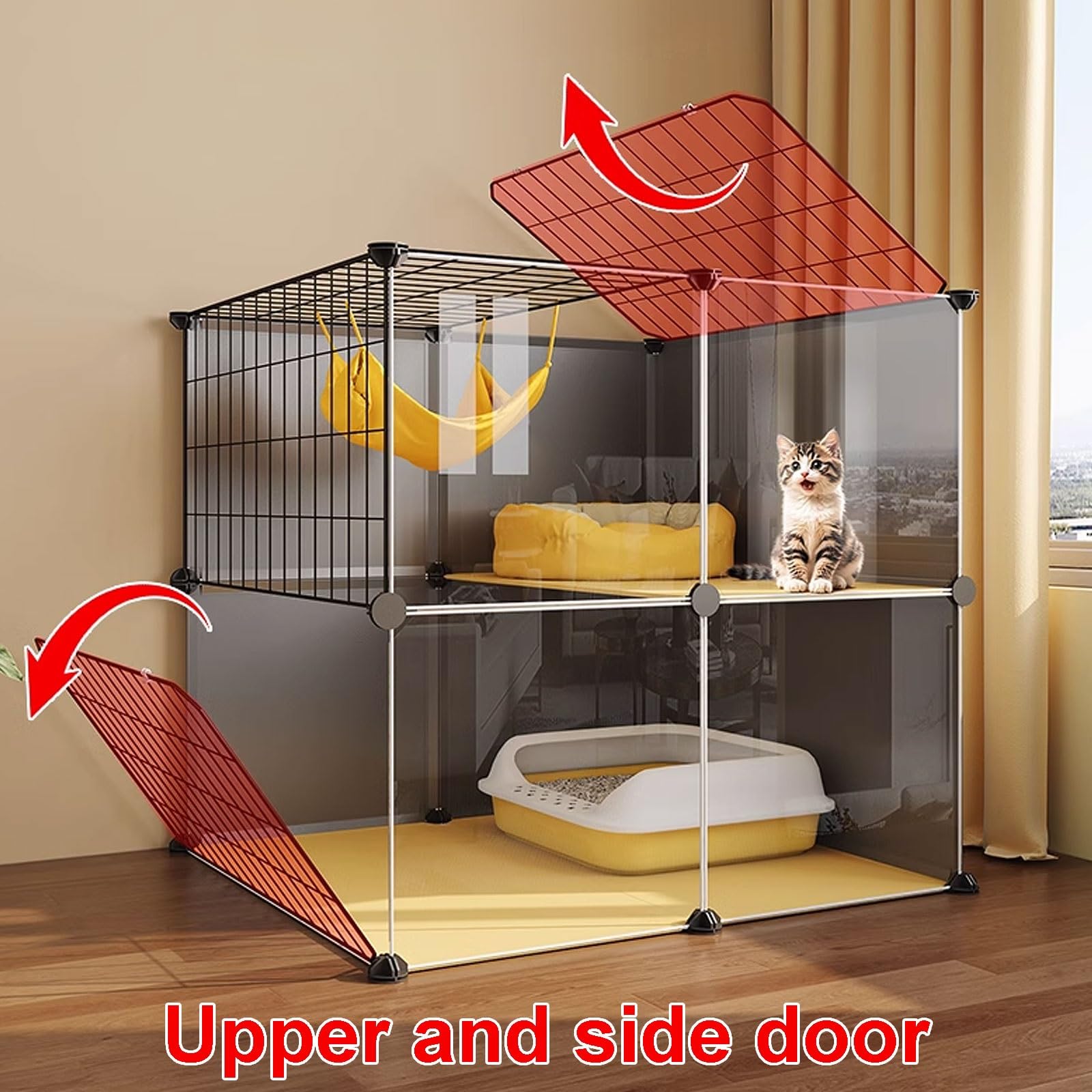 Cages pour Chats Noirs d'intérieur, enclos pour Chats Catio, Parc pour Chats avec Couvercle, Cage à roulettes pour furets, Chinchillas, Lapins et Petits Animaux (106 x 46 x 82 cm)