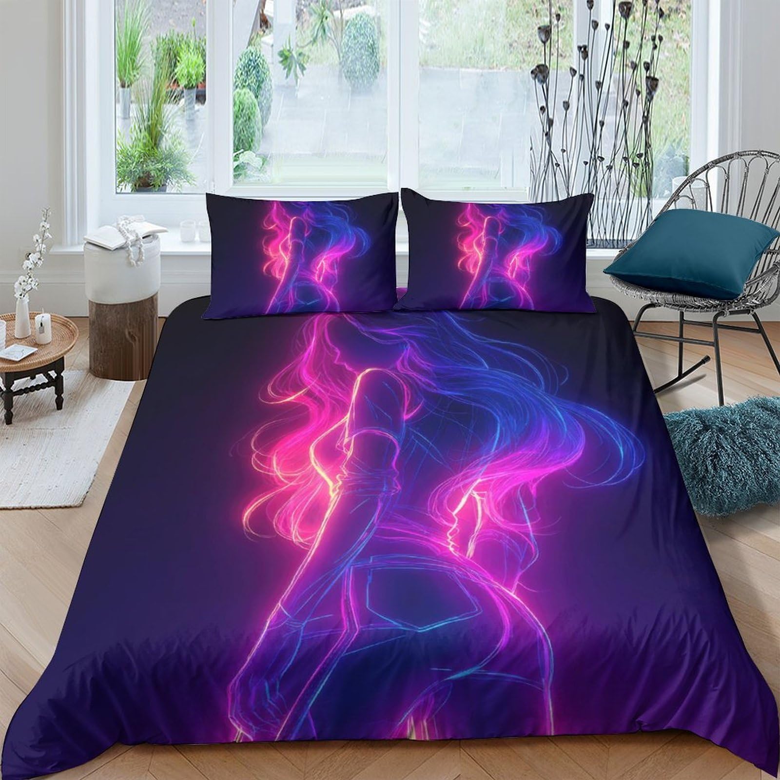 Ctjqhvkz Style-2 3D Printed Neon Fantasy Fitted Sheet Microfiber Soft Purple Blue Abstract Bed Cover For Adult Teen Bedroom Decor Single（135X200cm）