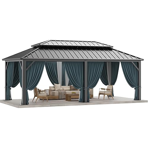 HOTEEL 12x20 Gazebo with Metal Roof Heavy Duty Hardtop Gazebo with Flame-Retardant Curtain & Netting, Hot Tub Gazebos with Metal Double Roof, Outdoor Canopy for Patio, Party, Black(2025 Pro)