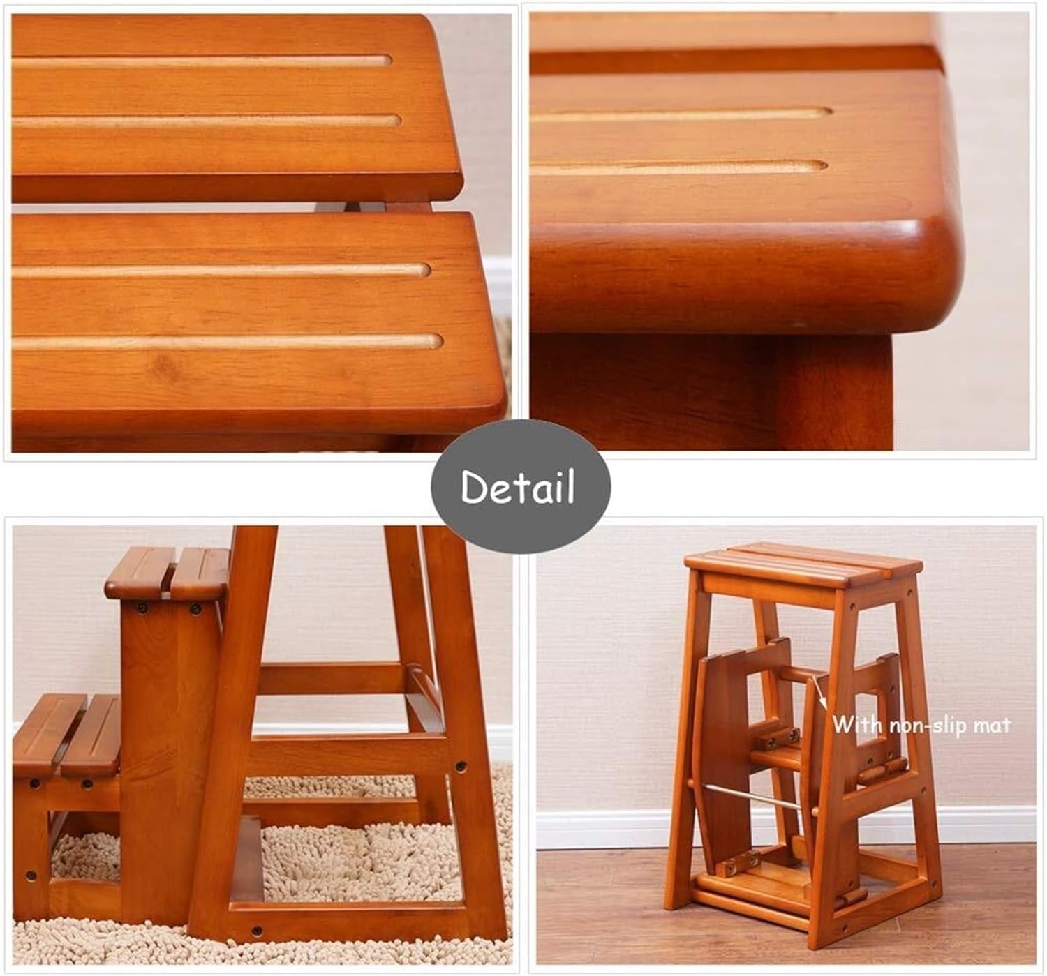 Step Stool White Foldable Step Ladder 3 Steps - Lightweight Wooden Ladder with Safety Features - Multipurpose for Home, Library & Loft