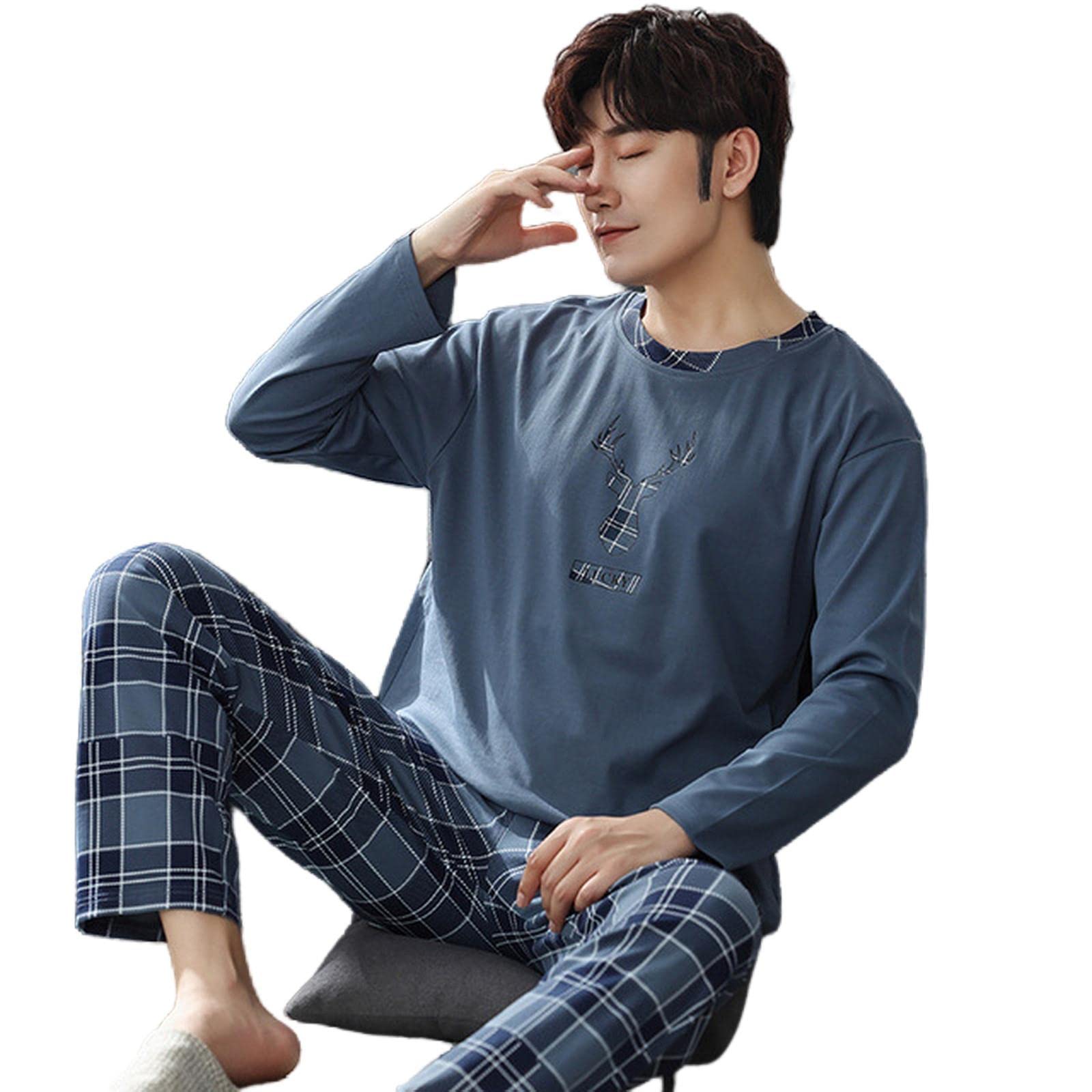 Pigiama Uomo Set di Abbigliamento da Sonno di Primavera Autunno Stampare in Cotone A Piante di Pigiama per Uomini per Uomini Inverno Abiti da Casa di Grandi Dimensioni-N3731,4XL(95-105Kg)