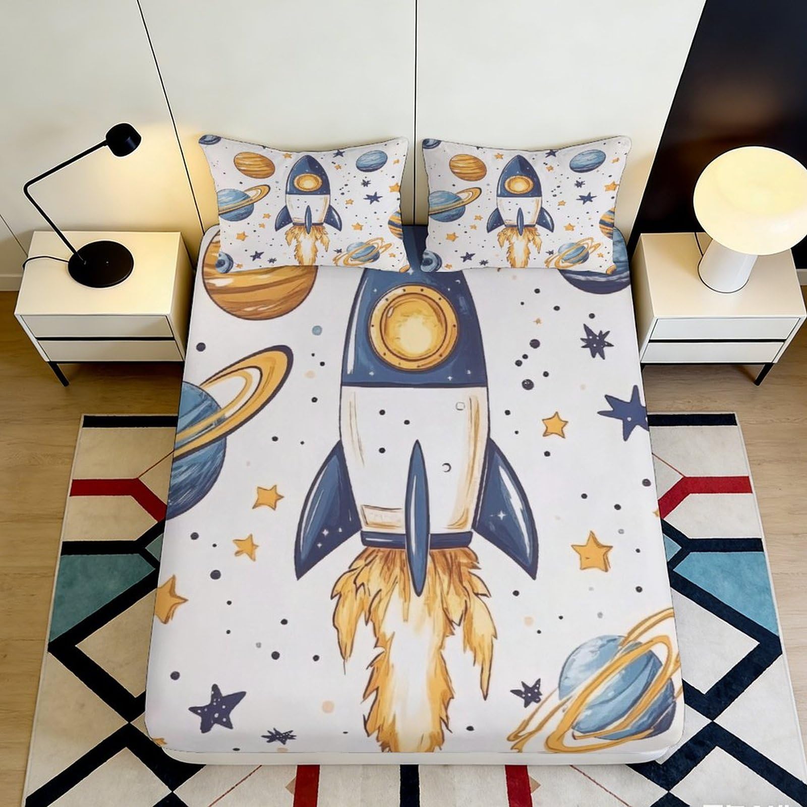 3D Printed Rocket Planet Fitted Sheet Microfiber Soft Slip-Resistant Space Universe Mattress Cover for Bedroom Dorm Decor 140x200x25cm