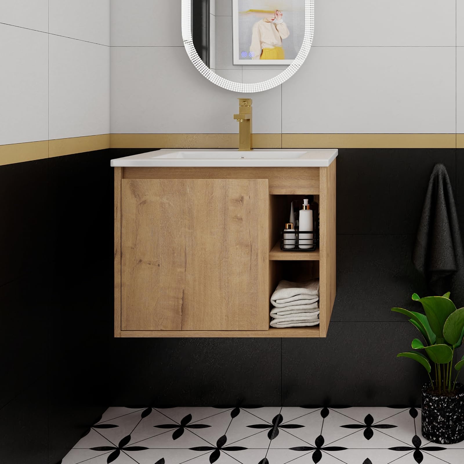24 Inch Bathroom Vanity with Sink, Imitative Oak Modern Wall Mount Floating Vanity Set with Soft-Closing Door and Ceramic Basin, Contemporary Styling
