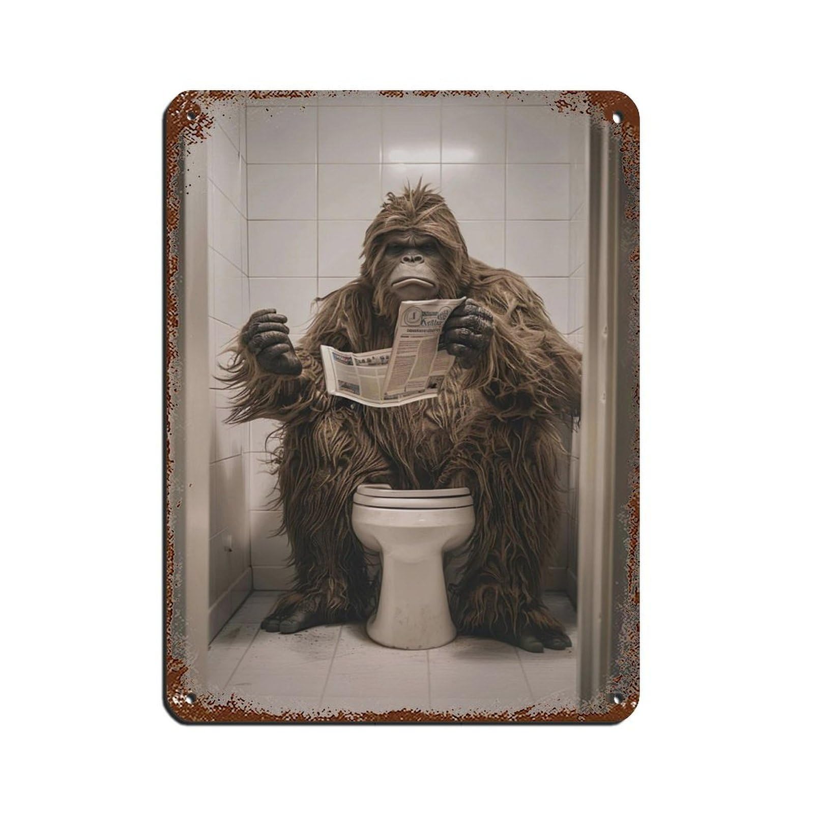Sasquatch Sitting on The Toilet Reading A Newspaper (5) Retro Poster Metal Tin Sign Chic Art Retro Iron Painting Bar People Cave Cafe Family Garage Poster Wall Decoration 12x16inch(30x40cm)
