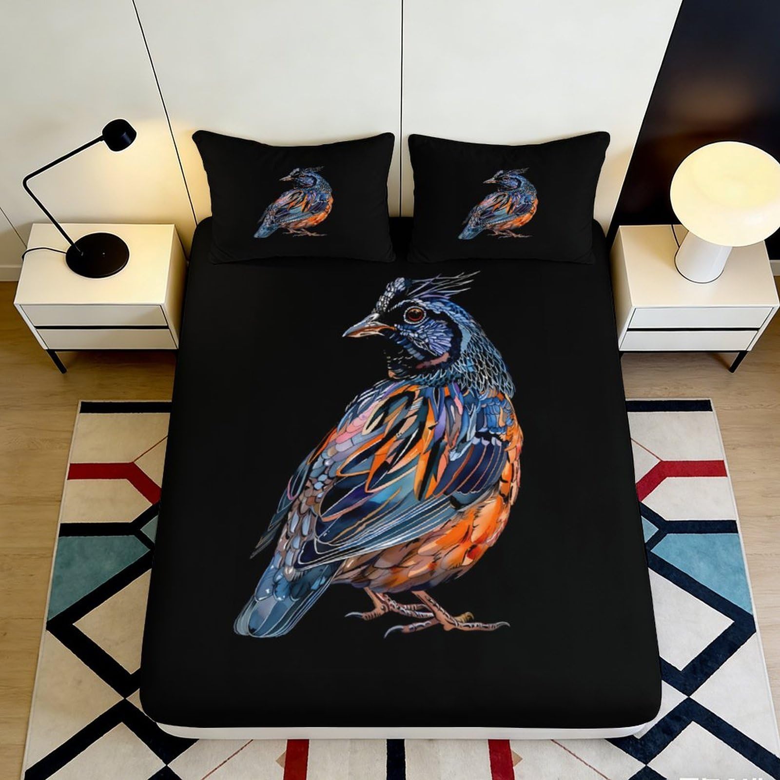 Decorative Bird Pattern Fitted Sheet, 3D Printed, Microfiber Soft Touch, Bed Sheet for Bedroom, Guest Room, Easy Care, Wrinkle Resistant, Apartment Bedding, Black, 120x200cm 90x200x25cm