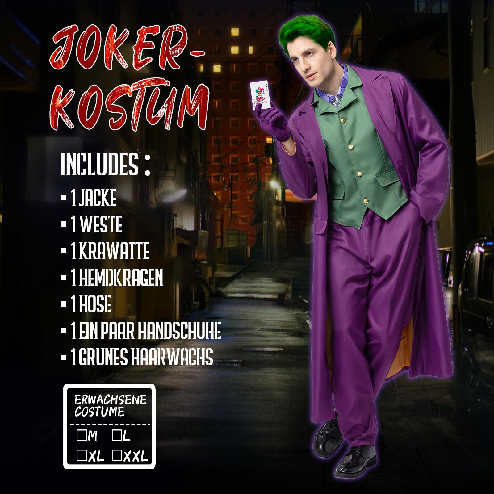 IEEILULU Joker Kostüm Herren, Horror Clown Kostüm Herren Halloween Killer Joker Outfit Set mit Lila Mantel, Grüne Weste, Hose, Krawatte, Falschem Hemdkragen und Handschuhen für Halloween