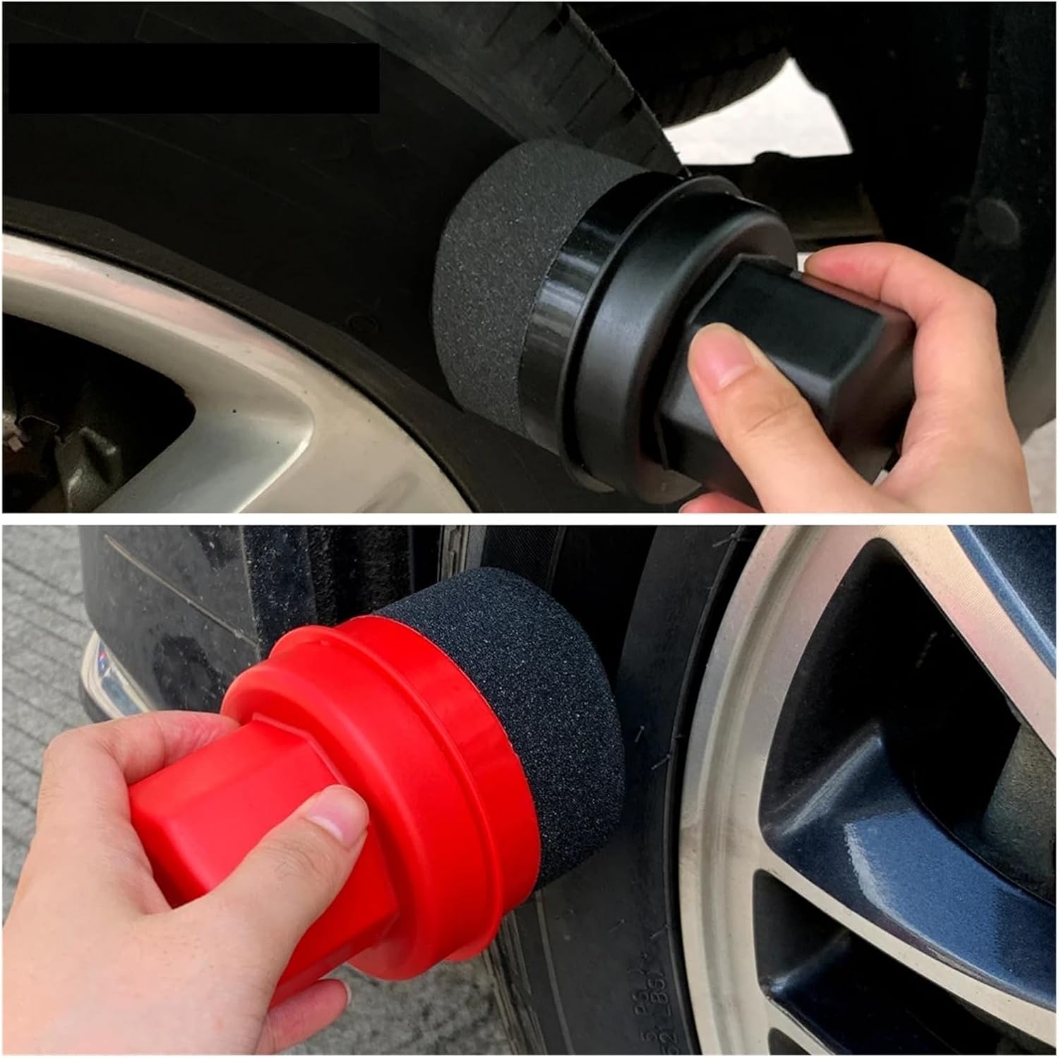Car Wheel Polishing Waxing Tire Clean Contour Dressing Applicator Pads Curved Tire Sponge Brush with Cover for Cars Accessories(Black and Red)