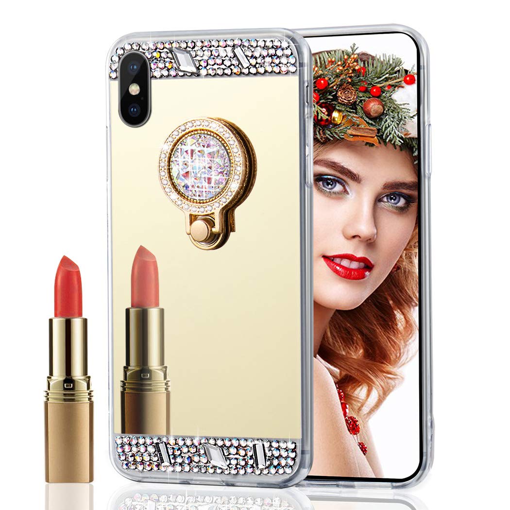 HMTECHUSiPhone 10 Case Bling Crystal Diamond Rhinestone Shining Ring Holder Stand Miror Makeup TPU Bumper Cover Case for iPhone X/XS 5.8 Inch Golden Diamond Mirror TPU
