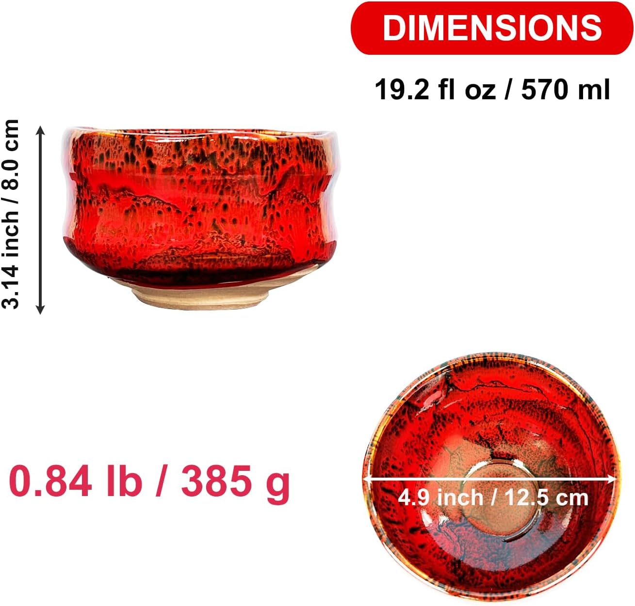 Matcha bowl Chawan, Mino Yaki Pottery Japanese Matcha Tea Cup, Green Tea Cup, Coffee and Soup Cup Made in Japan (Shine Red)