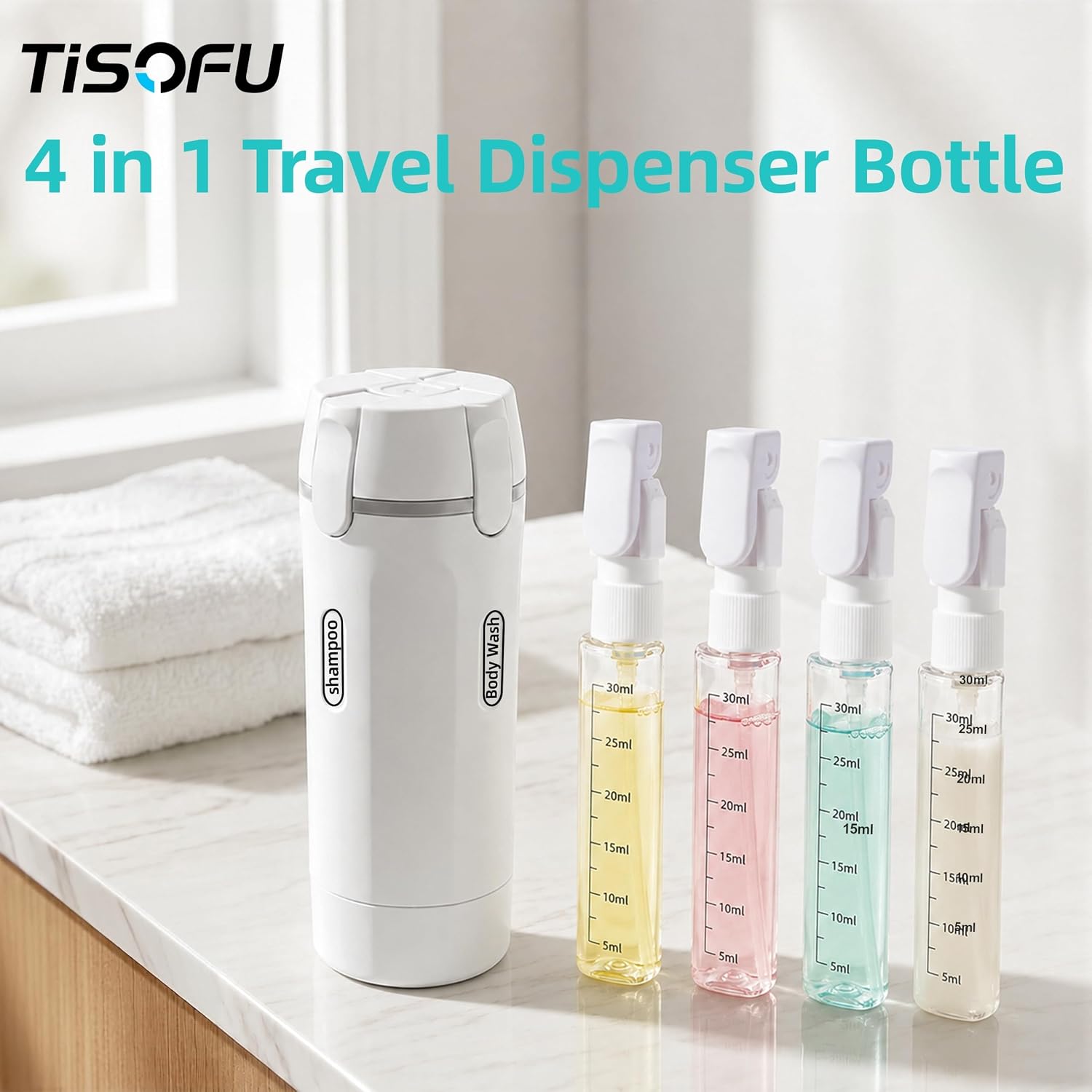 2 Pack 4 in 1 Travel Dispenser Bottles, Leakproof Rotatable Pump Refillable Containers with Labels, Portable Toiletry Bottles for Shampoo, Conditioner, Body Wash, Lotion, Cosmetics, Travel Camping