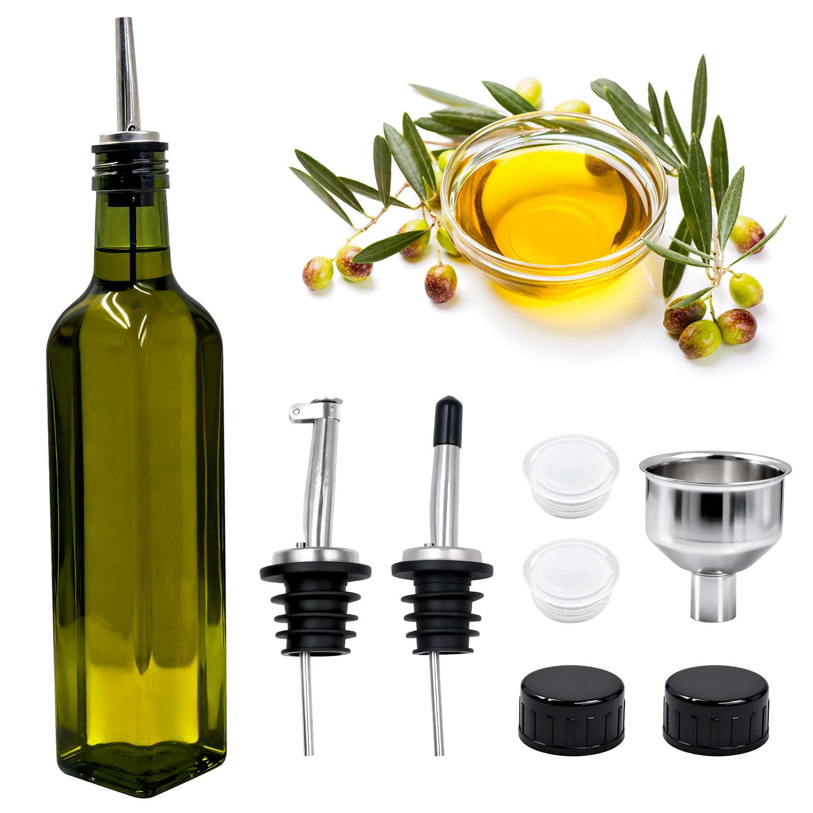 Esxiaze Olive Oil Dispenser Bottle, 500ml Green Glass Oil Bottle Dispenser 17oz Glass OilDispenser and Vinegar Dispenser Set, Olive Oil Carafe Decanter for Kitchen, Green