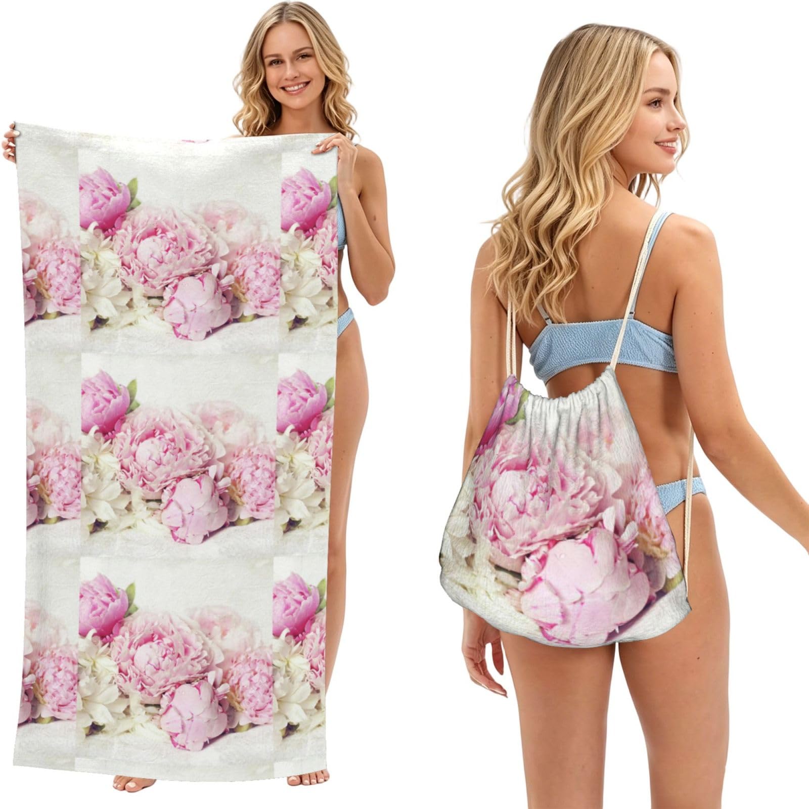 Poadnly As Picture Peonies On White, 2 In 1 Packable Towel Bag, Beach Towels With Drawstring Backpack For Travel Holiday Camping