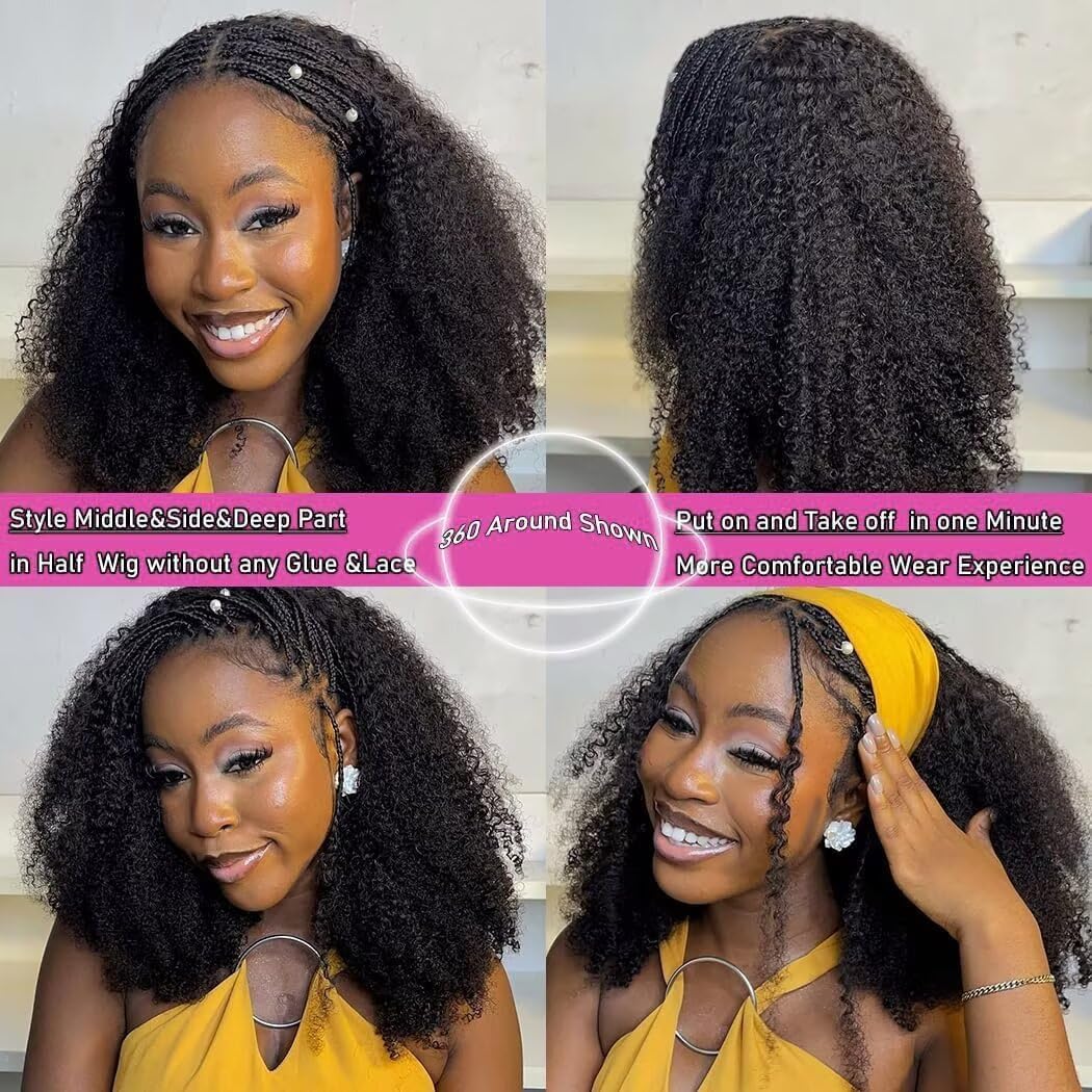 Parrucca Donna Capelli Veri Umani Kinky Curly Half Wig Human Hair Wear Go Glueless Wigs Curly 3 In 1 Half Wigs Drawstring Seamless Flip Headband Wig Beginner Friendly Parrucca Riccia Donna 14 Inch