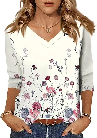 HTHLVMD Womens 3/4 Length Sleeve Tunic Tops Summer Fall Outfits 2025 Three Quarter Sleeve Casual V Neck T Shirts for Women
