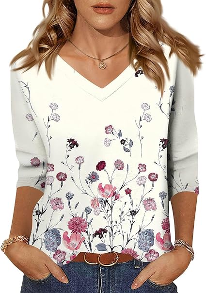 HTHLVMD Womens 3/4 Length Sleeve Tunic Tops Summer Fall Outfits 2025 Three Quarter Sleeve Casual V Neck T Shirts for Women
