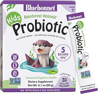 BlueBonnet Nutrition Rainforest Animalz Kids Probiotic 5 Billion CFU^ - Gut, Digestive & Immune Health - Non-GMO Free of Dairy, Gluten, Soy, Sugar, Artificial Flavor & Color - Unflavored, 30 Servings