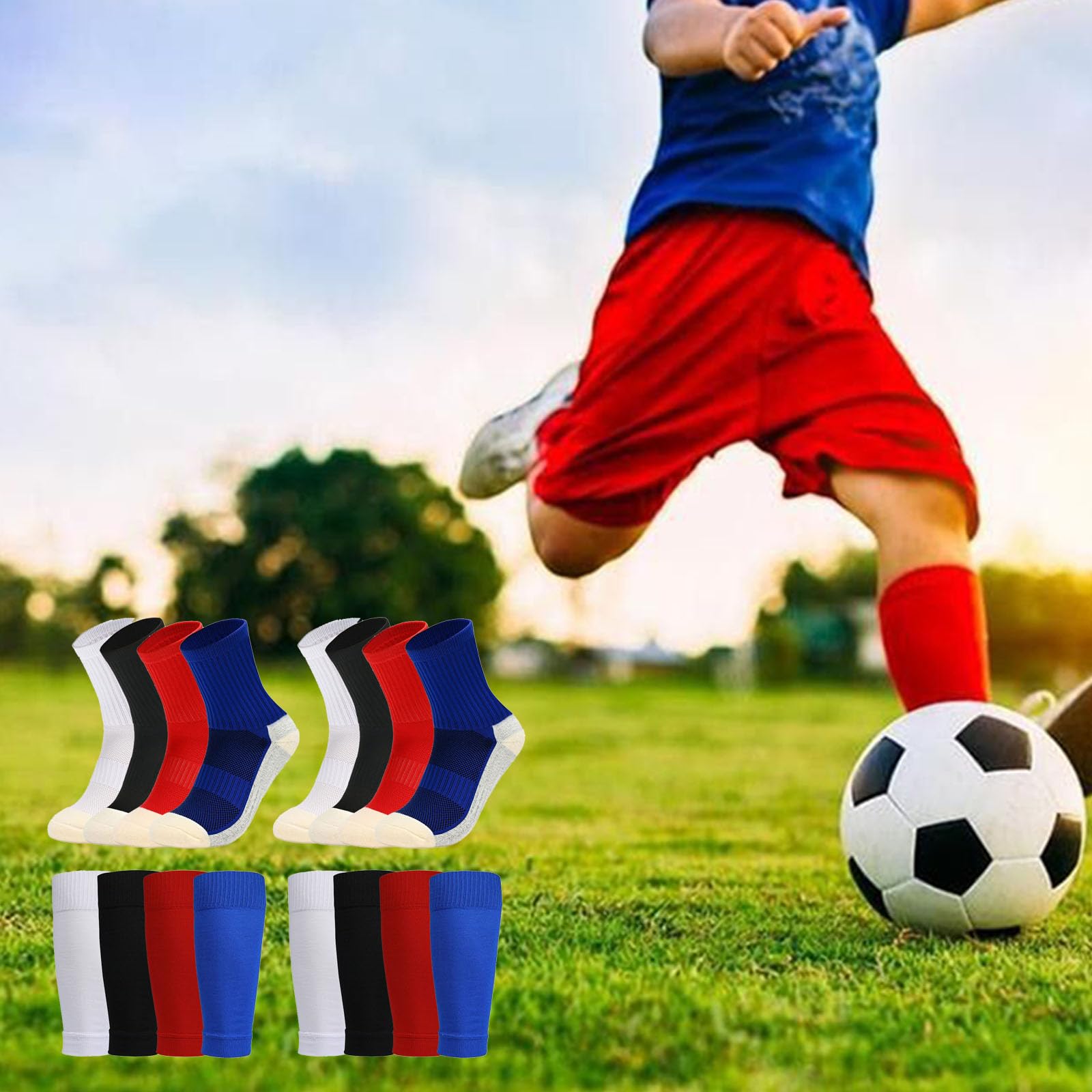 Juego de 2/4 calcetines de fútbol para jóvenes con mangas de espinillera, calcetines de manga para niños y niñas, 7-14 para fútbol y baloncesto
