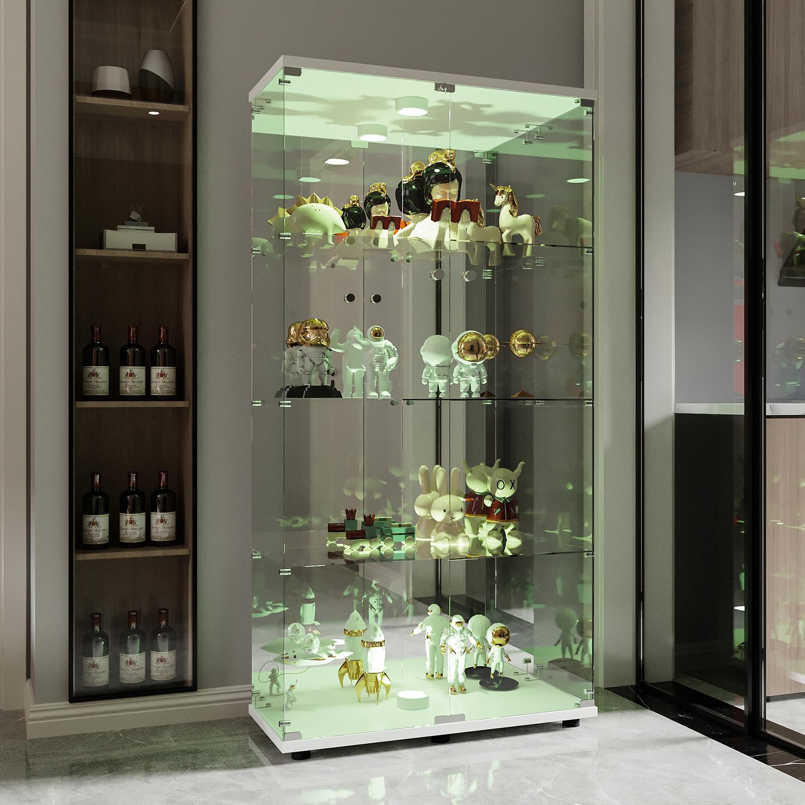 Vetrina in vetro con LED, armadio vetrina da collezione, 2 ante a serratura, 4 ripiani e fondo specchio, 164 x 80,5 x 36,5 cm, bianco