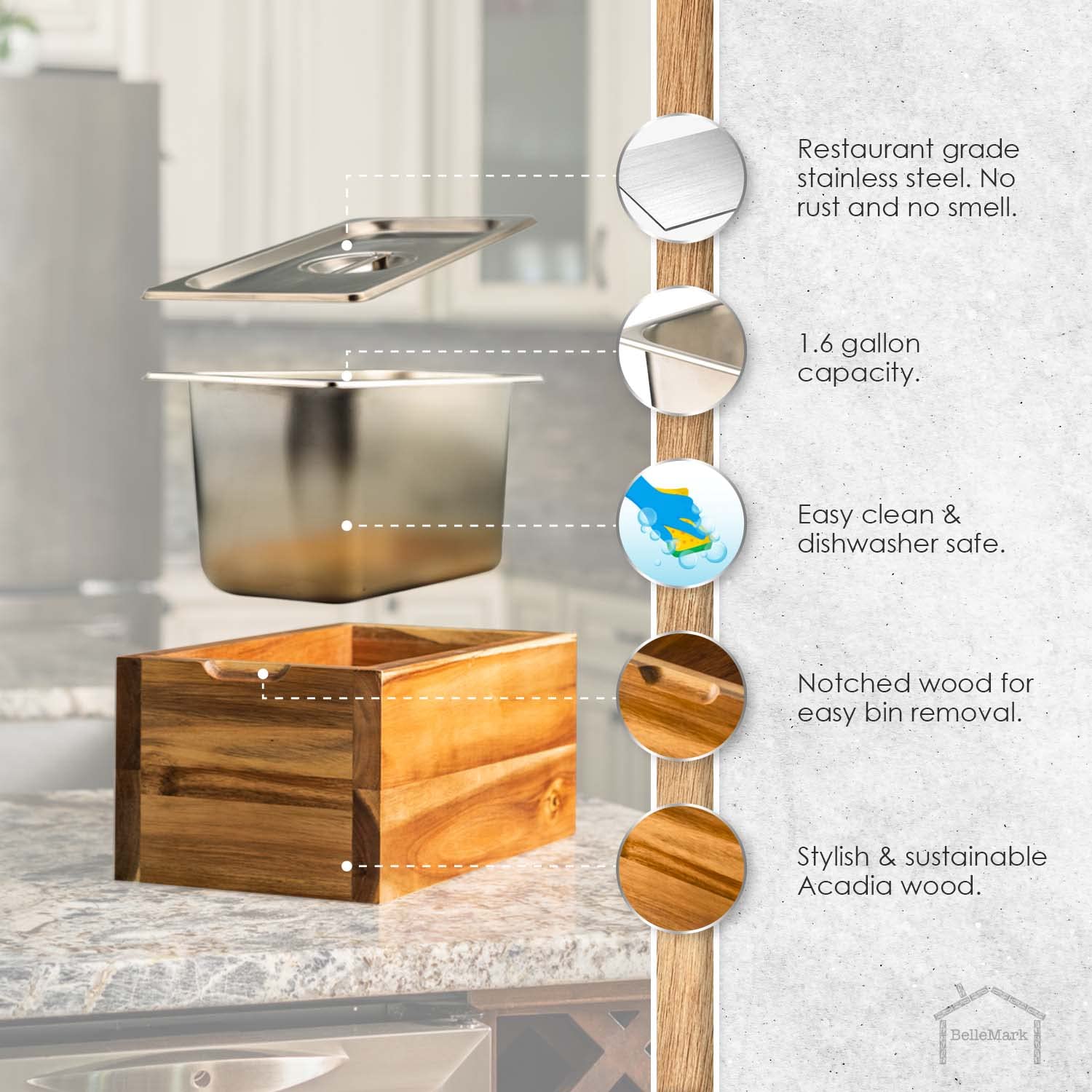 BelleMark Kitchen Compost Bin 1.6 Gal Smell Proof, Rust Proof