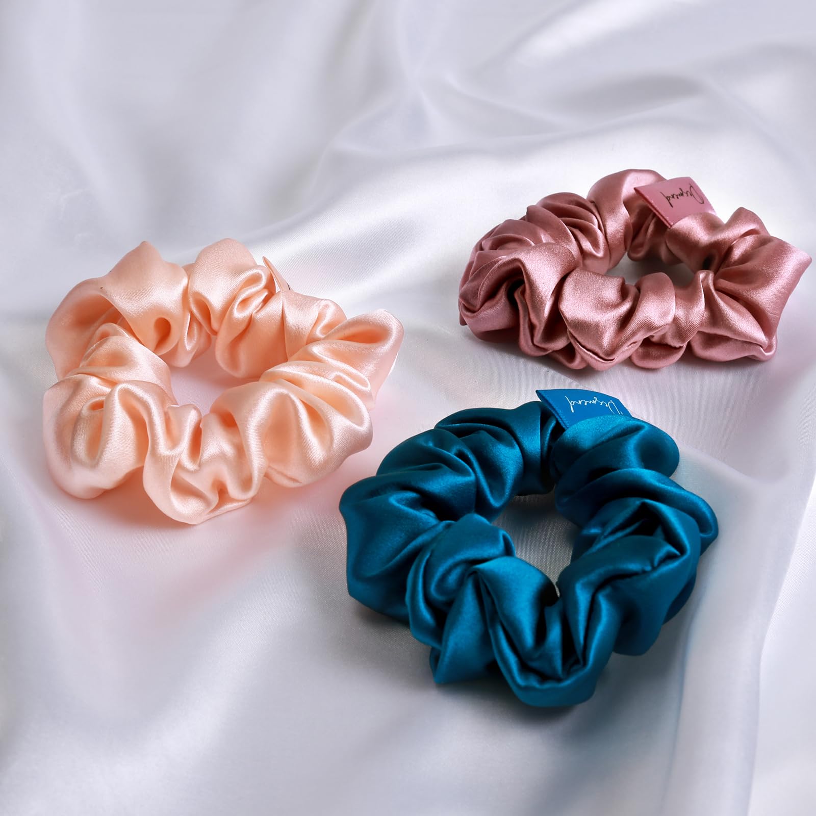 Desmend silk scrunchies silk hair ties soft feel hold hair perfectly good for fine hair 3 pcs creamy apricot ocean blue dusty rose - Image 4