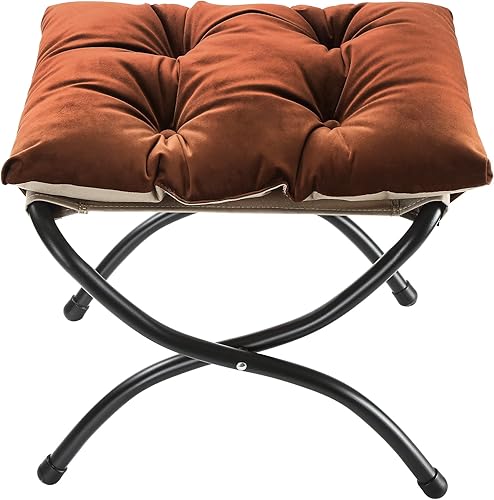 Miniatura 17 de Taburete otomano plegable de 15 pulgadas con marco de metal, reposapiés tapizado beige de piel sintética lavable para interiores y exteriores, sala