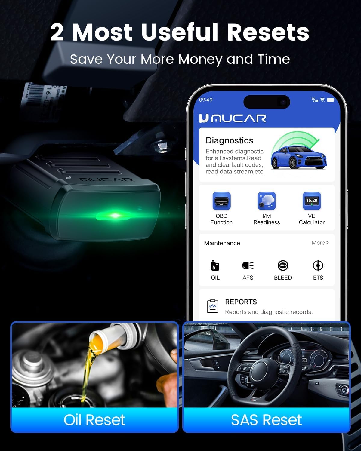 MUCAR BT200 showing all systems diagnostic scanner capabilities, including Engine, ABS, SRS, BCM, TPMS, EPB, Transmission, Steering, Instrument, and Air Conditioning.