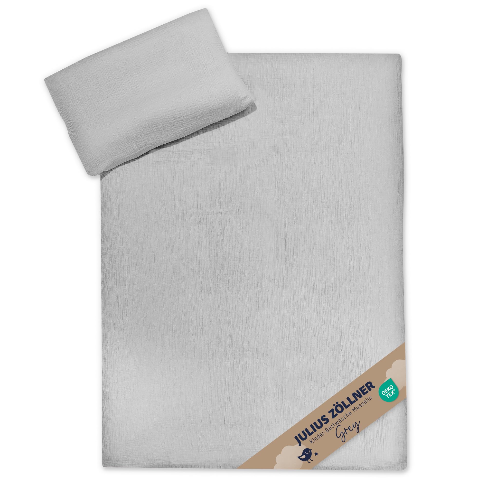 Julius Zöllner Musselin Kinderbettwäsche 100x135 + 40x60 cm | 2-teiliges Set aus Deckenbezug und Kissenbezug aus 100% Baumwollmusselin | Oeko-TEX Standard 100 | grau