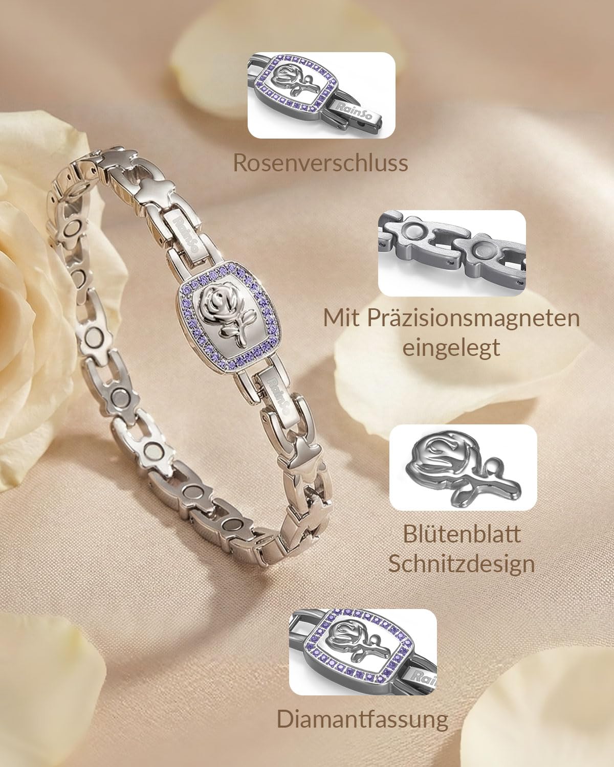 RainSo Bracelet magnétique pour femme - Rose amovible - Bracelet 2 en 1 en acier inoxydable avec double possibilité de port - Taille réglable - Avec outil de réglage et boîte cadeau (violet)